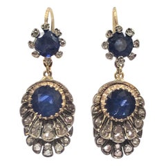 Victorian Silver Top Gold Backed Diamond and Sapphire Dangle Earrings