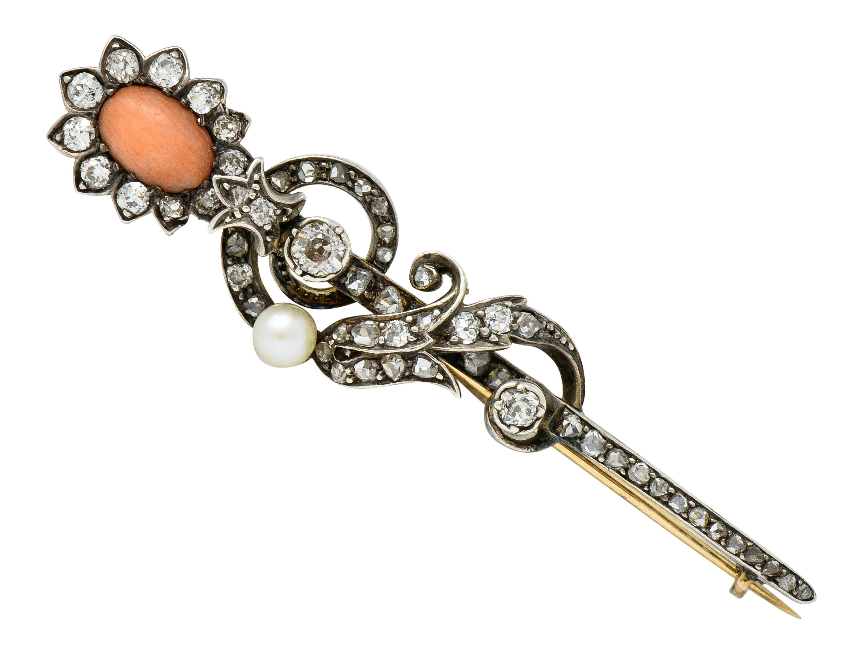 Victorian Silver Top Gold Backed Diamond Coral Pearl Brooch In Excellent Condition In Philadelphia, PA