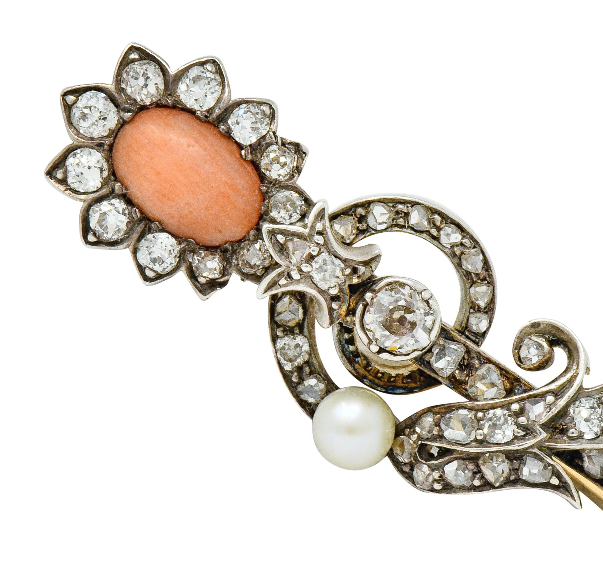 Women's or Men's Victorian Silver Top Gold Backed Diamond Coral Pearl Brooch