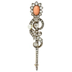 Victorian Silver Top Gold Backed Diamond Coral Pearl Brooch