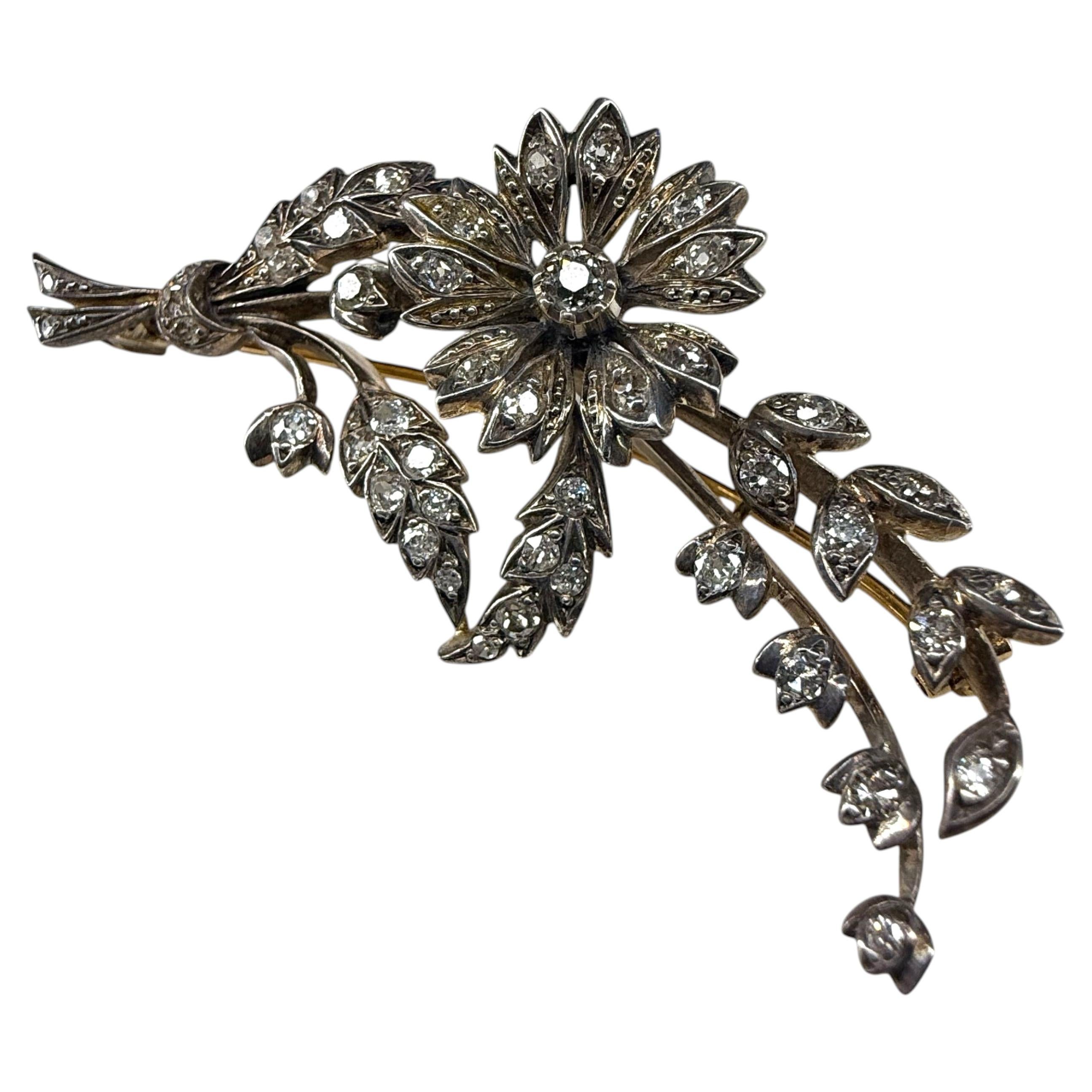 Victorian Silver-Topped 18K Gold Old Mine Cut Diamond Floral Brooch, 1.11 ct