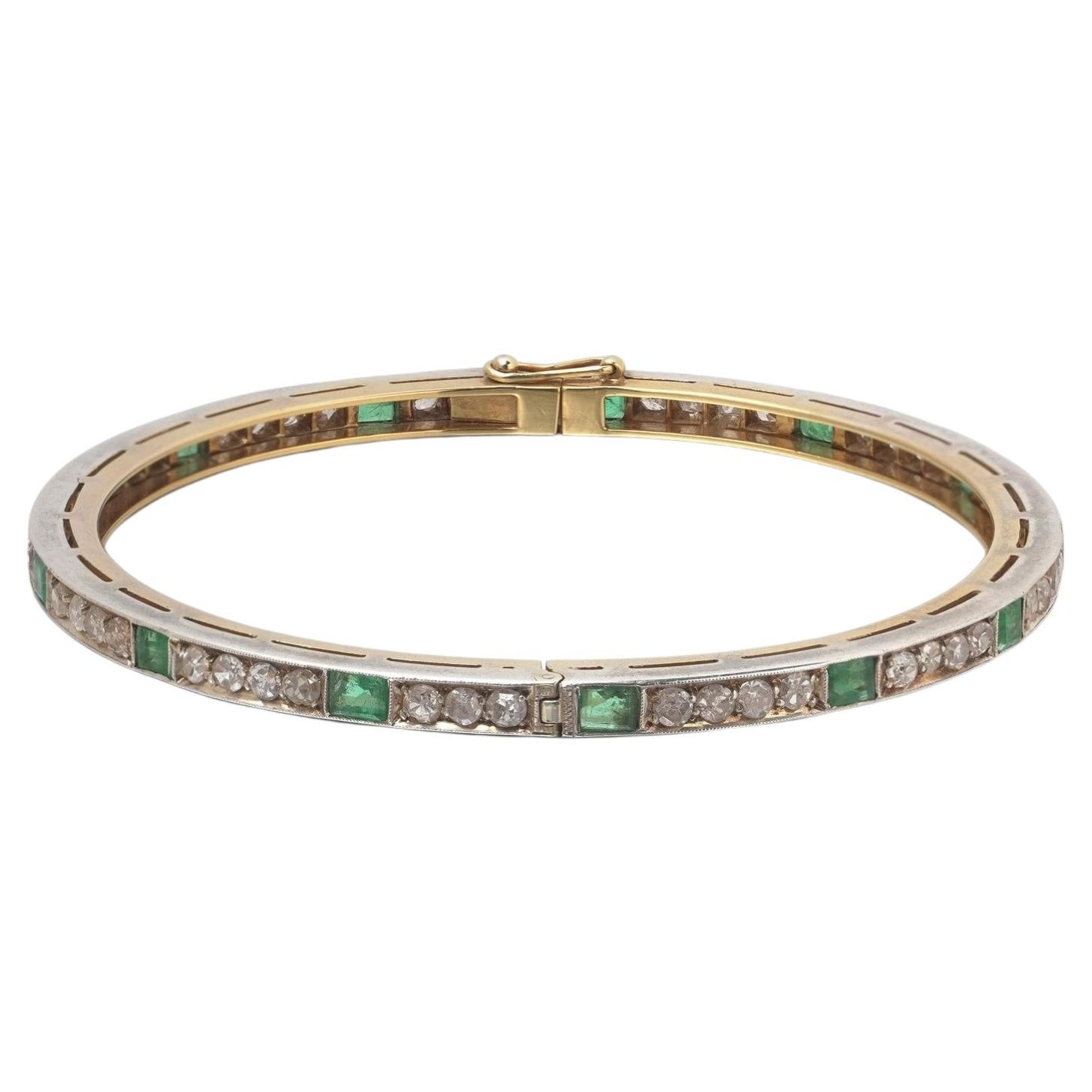 Victorian Silver-Topped 18KT Gold Emerald and Rose-Cut Diamond Bangle For Sale