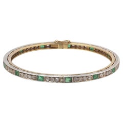 Victorian Silver-Topped 18KT Gold Emerald and Rose-Cut Diamond Bangle
