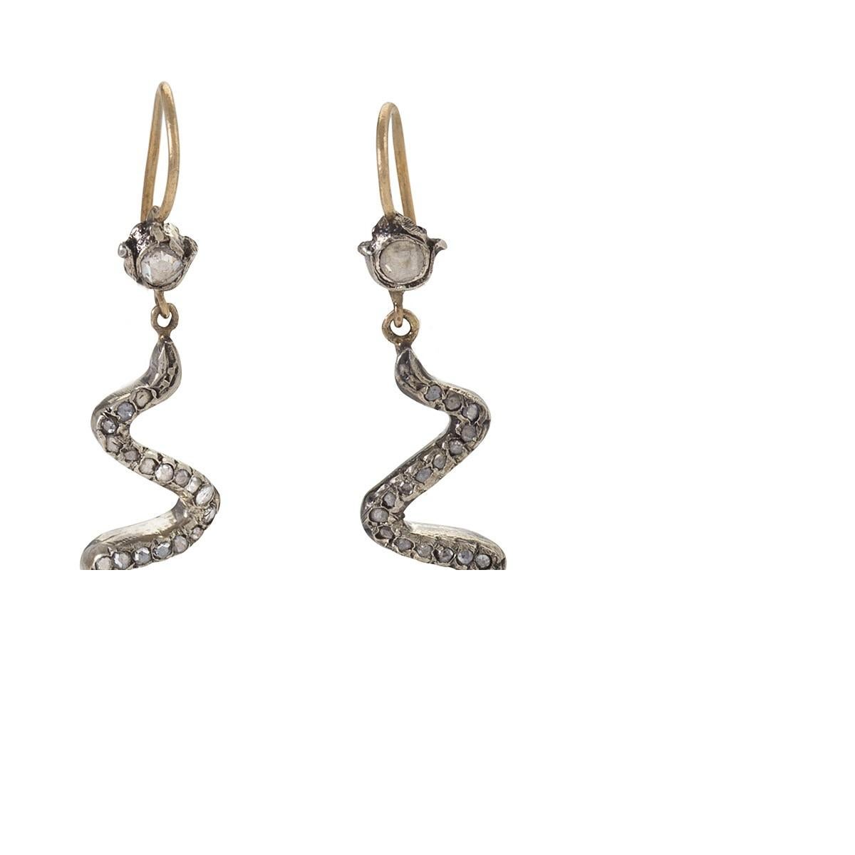 Victorian Silver Topped Diamond Snake Drop Earrings In Excellent Condition In New York, NY