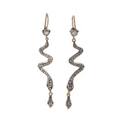 Antique Victorian Silver Topped Diamond Snake Drop Earrings