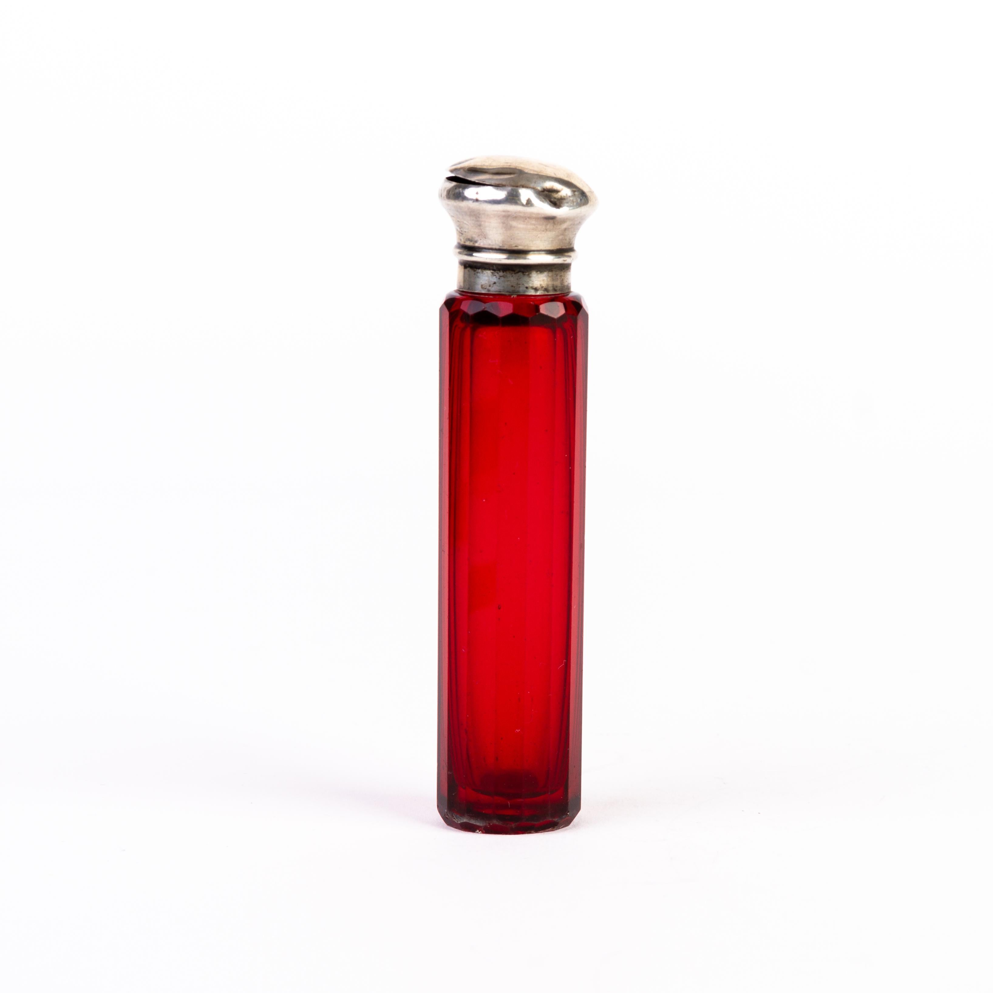 19th Century Victorian Silver Topped Ruby Glass Perfume Scent Bottle