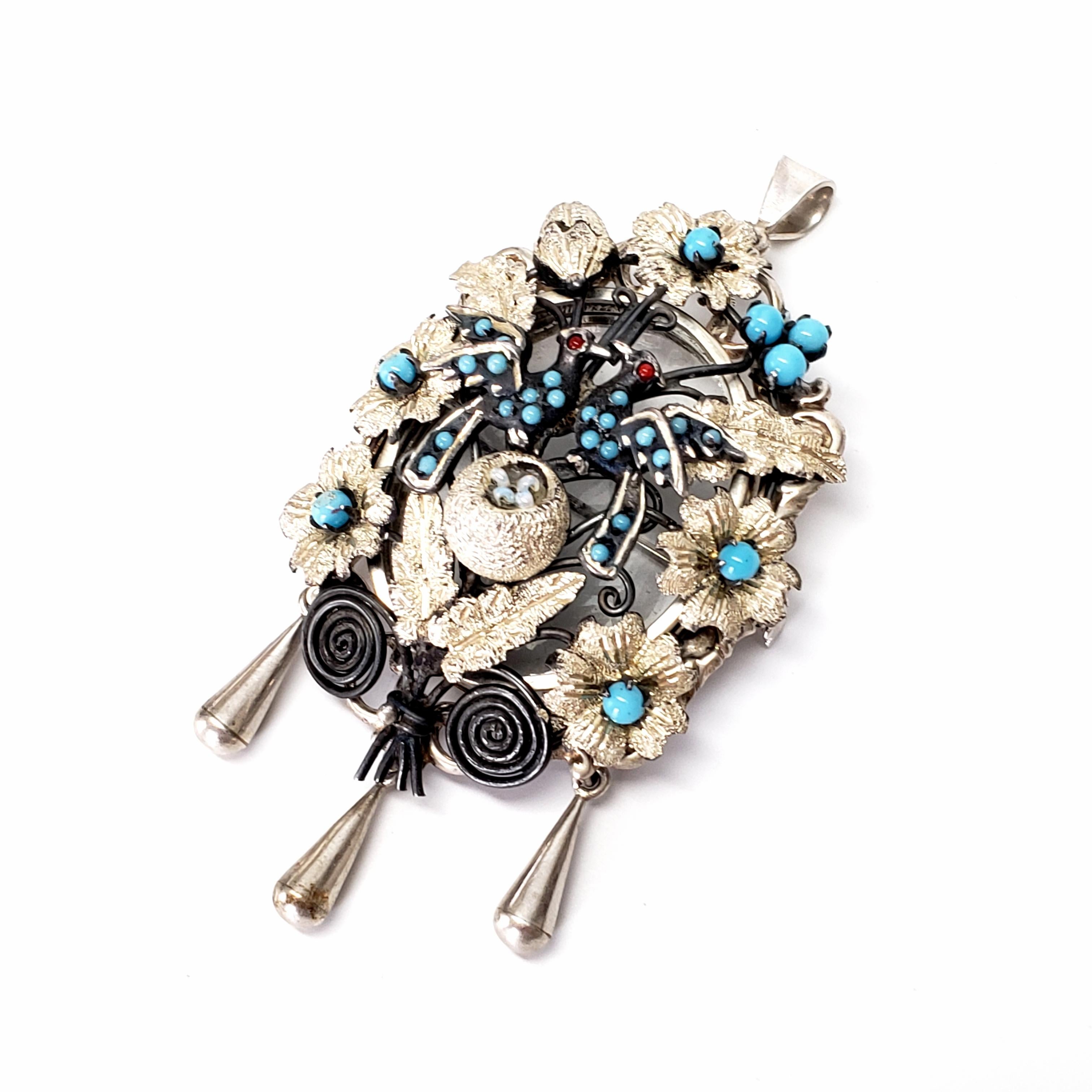 Women's Victorian Silver Turquoise Nesting Love Birds Locket Pin / Pendant