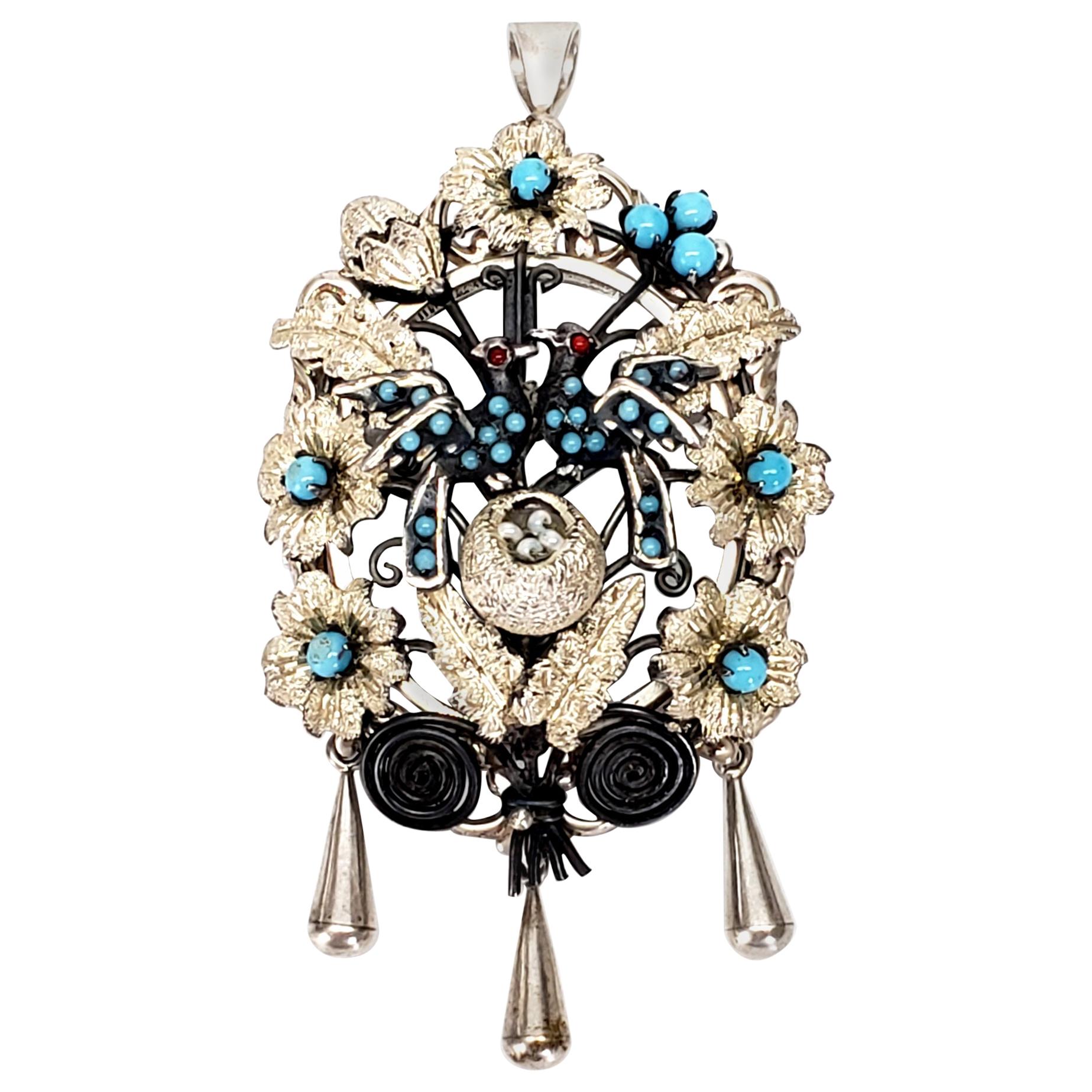 Victorian Silver Turquoise Nesting Love Birds Locket Pin / Pendant