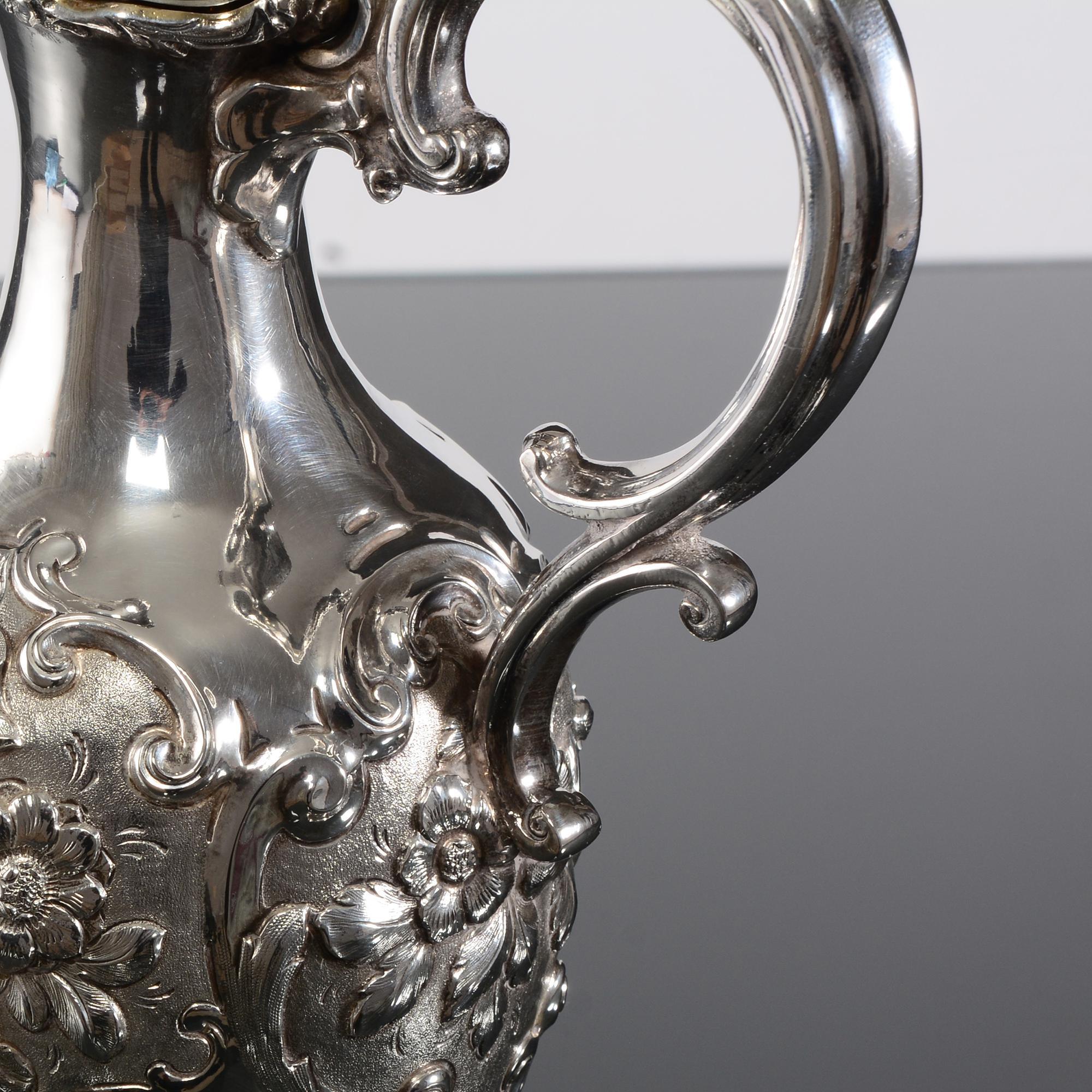 Sterling Silver Victorian silver wine jug with yacht racing scene For Sale