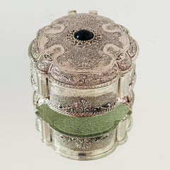 Victorian Silvered Trinket Box with Engraved Designs and Onyx Stone