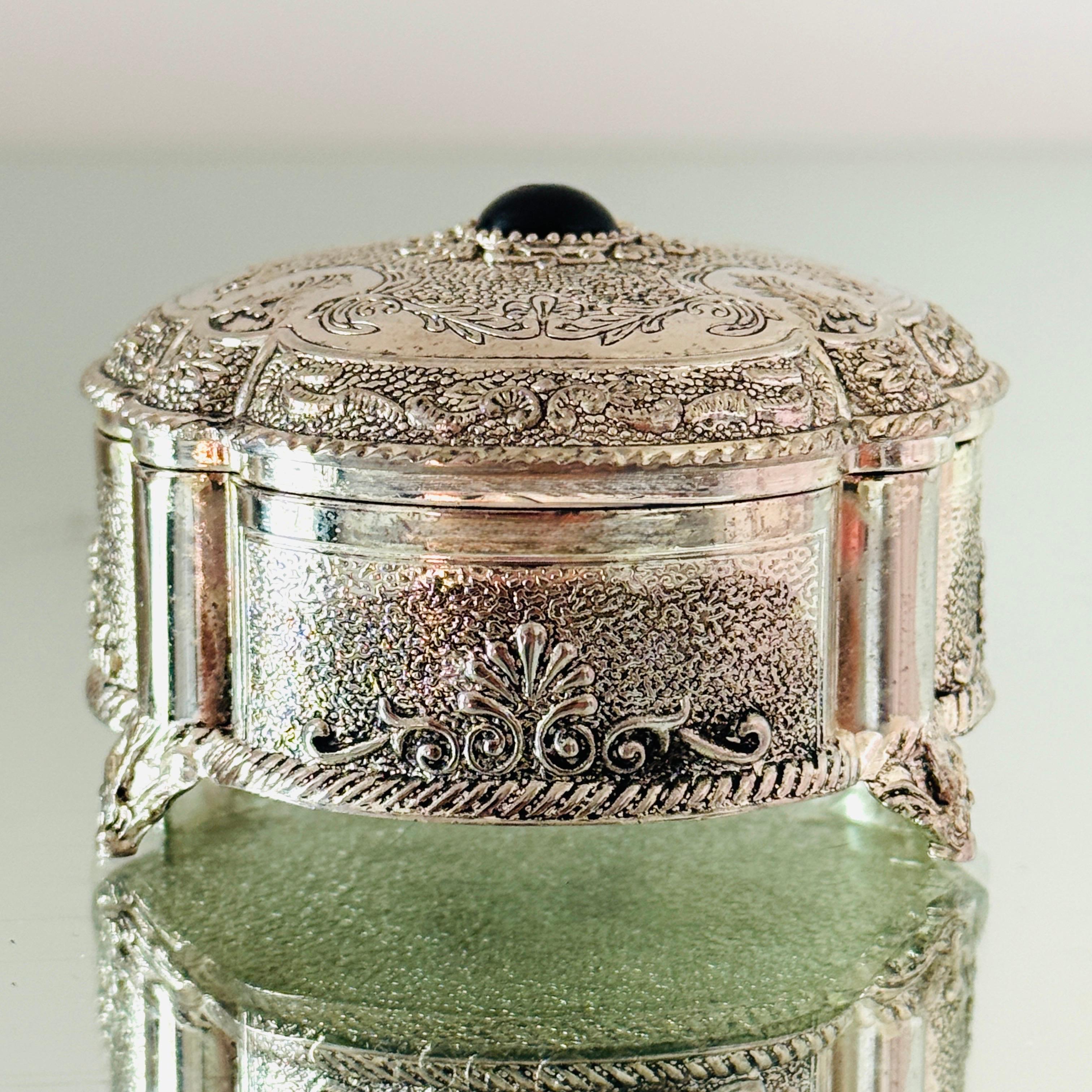 Rococo Revival Victorian Silvered Trinket Box with Engraved Designs and Onyx Stone For Sale