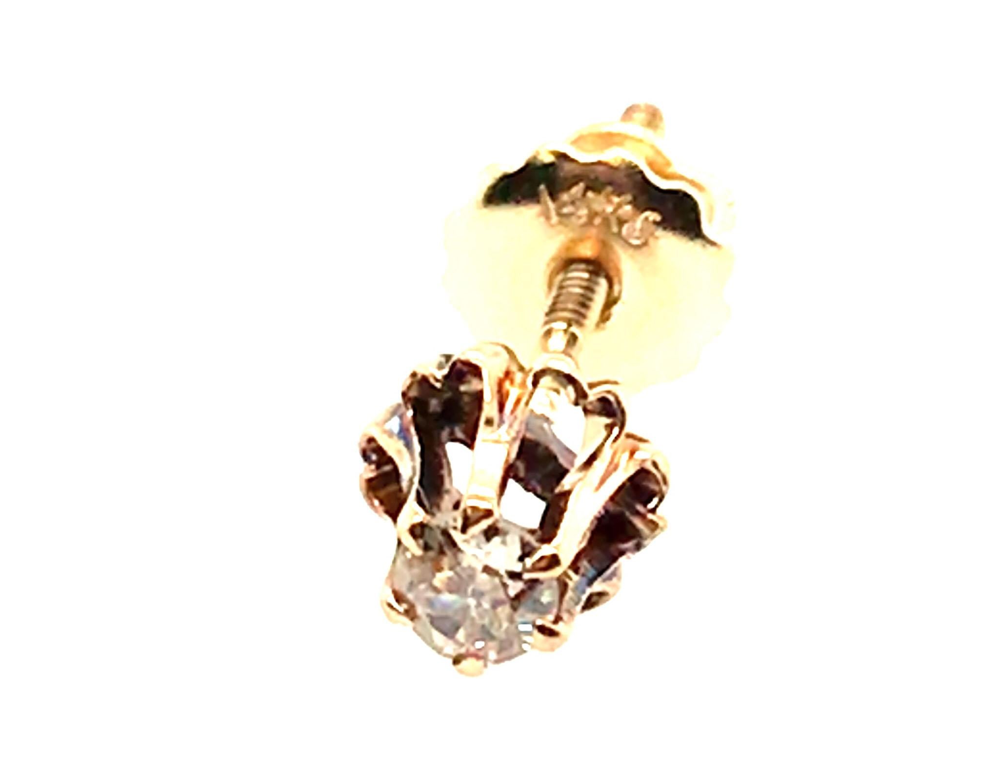 Old Mine Cut Victorian Single Diamond Stud Earring .15ct Screwback 14K Yellow Gold Original 1 For Sale