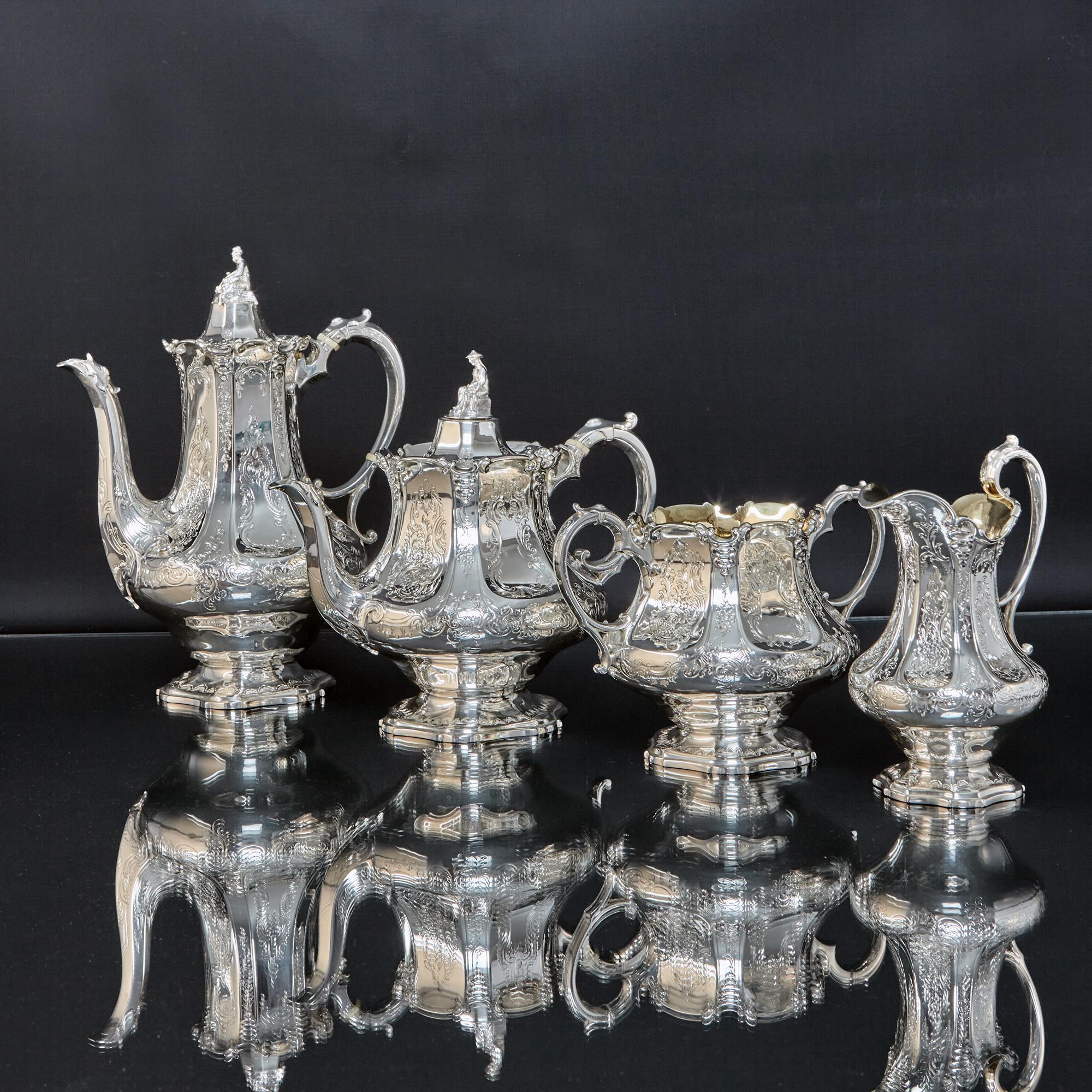 A fine quality antique Victorian silver four piece tea and coffee set in exceptional, original condition. The set comprises a coffee pot, tea pot, milk jug and sugar basin, the latter two pieces have decorative gilded interiors. All have panelled