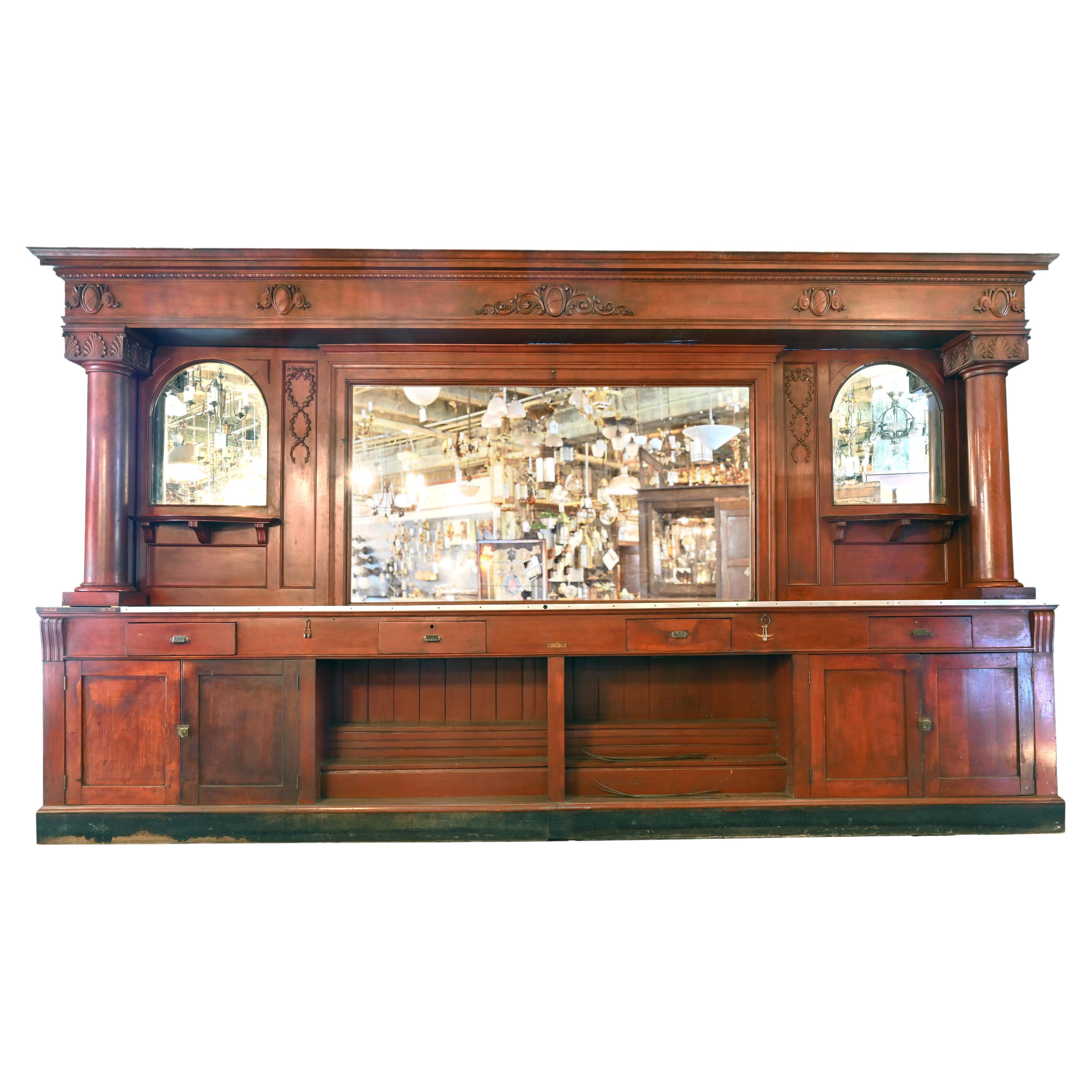 Victorian Sixteen Foot Carved Mahogany Back Bar For Sale at 1stDibs