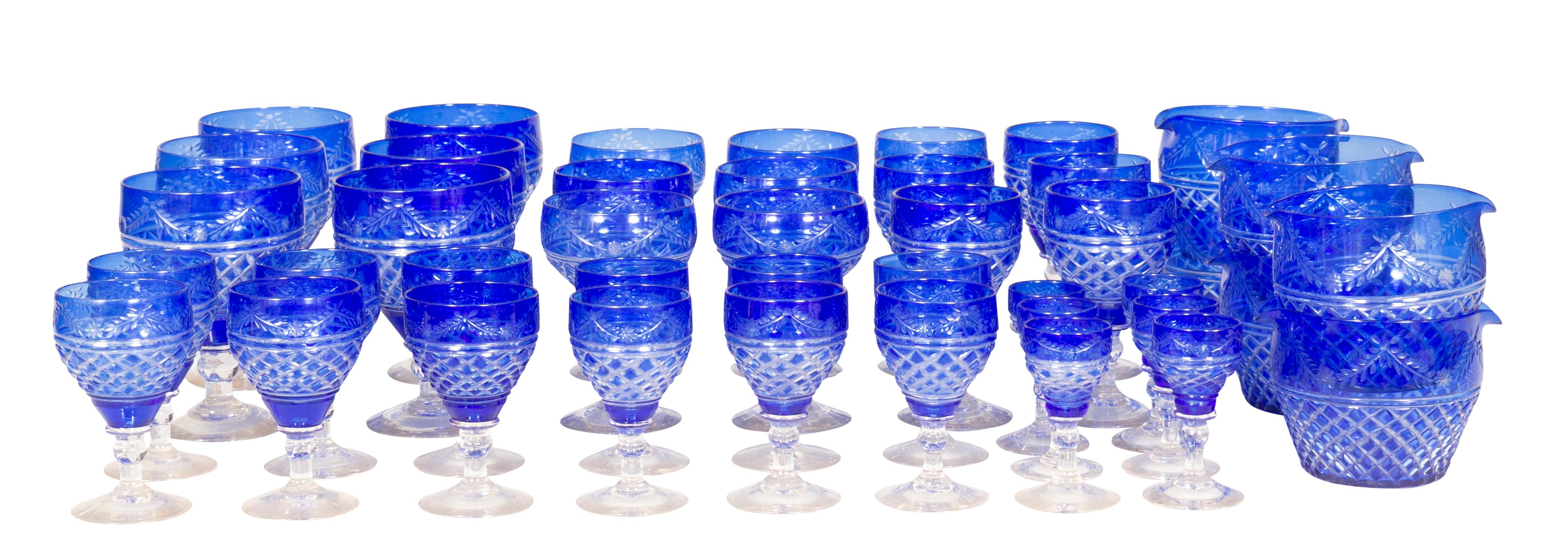 English Victorian Sixty Piece Blue Cut To Clear Crystal Stemware For Sale
