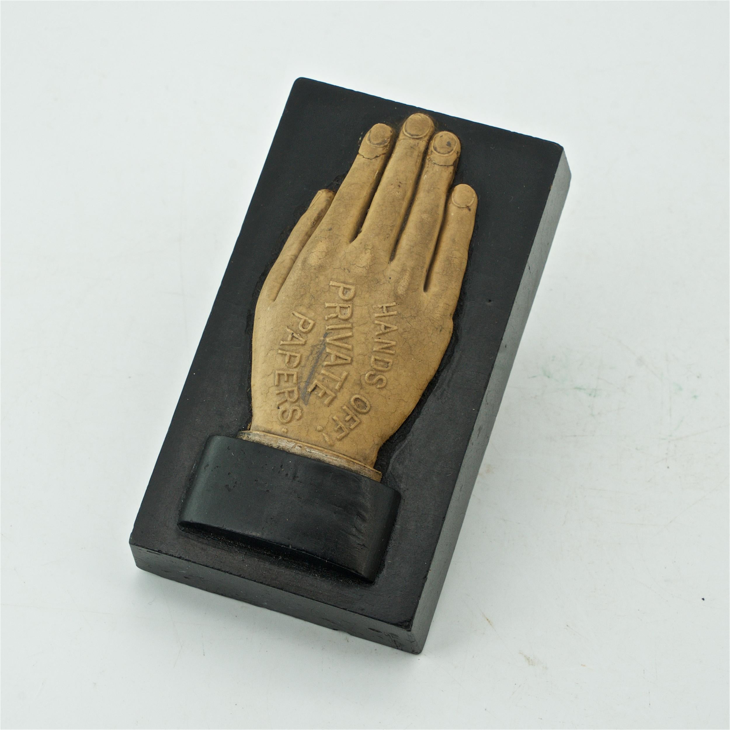 Late Victorian Victorian Slate Paperweight of Hand style of Odd Fellows Hands Offs Sculpture For Sale