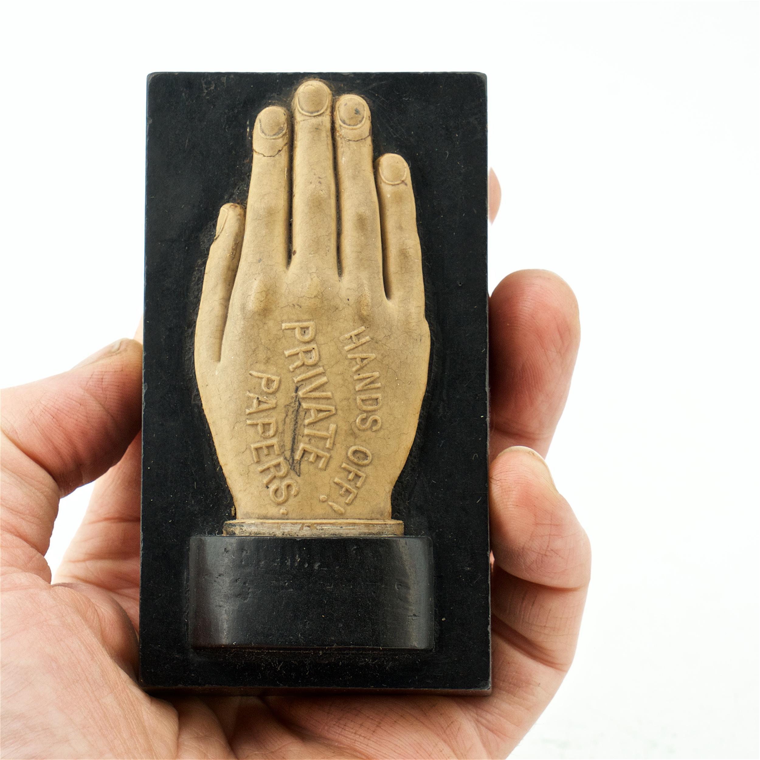 Late 19th Century Victorian Slate Paperweight of Hand style of Odd Fellows Hands Offs Sculpture For Sale