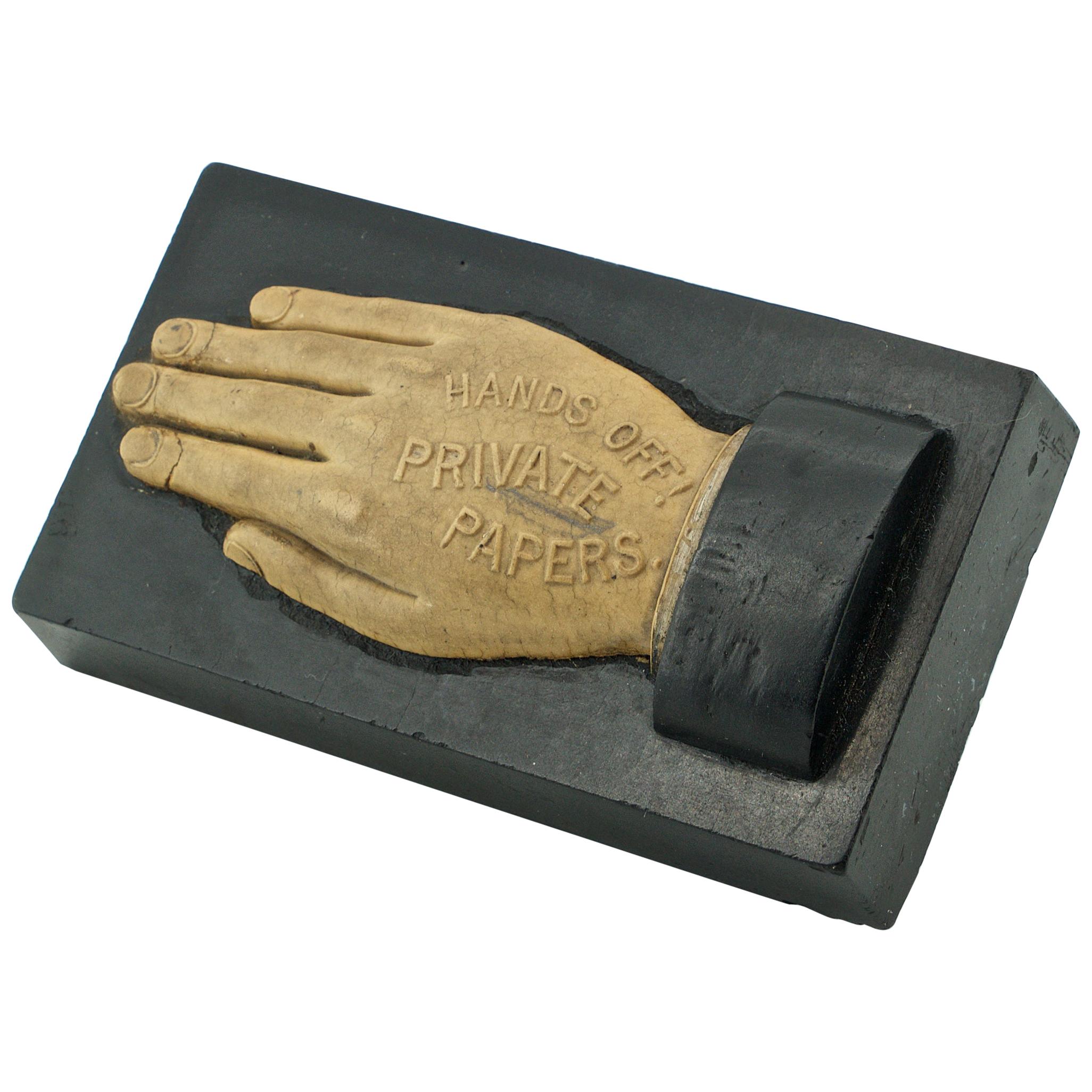 Victorian Slate Paperweight of Hand style of Odd Fellows Hands Offs Sculpture For Sale
