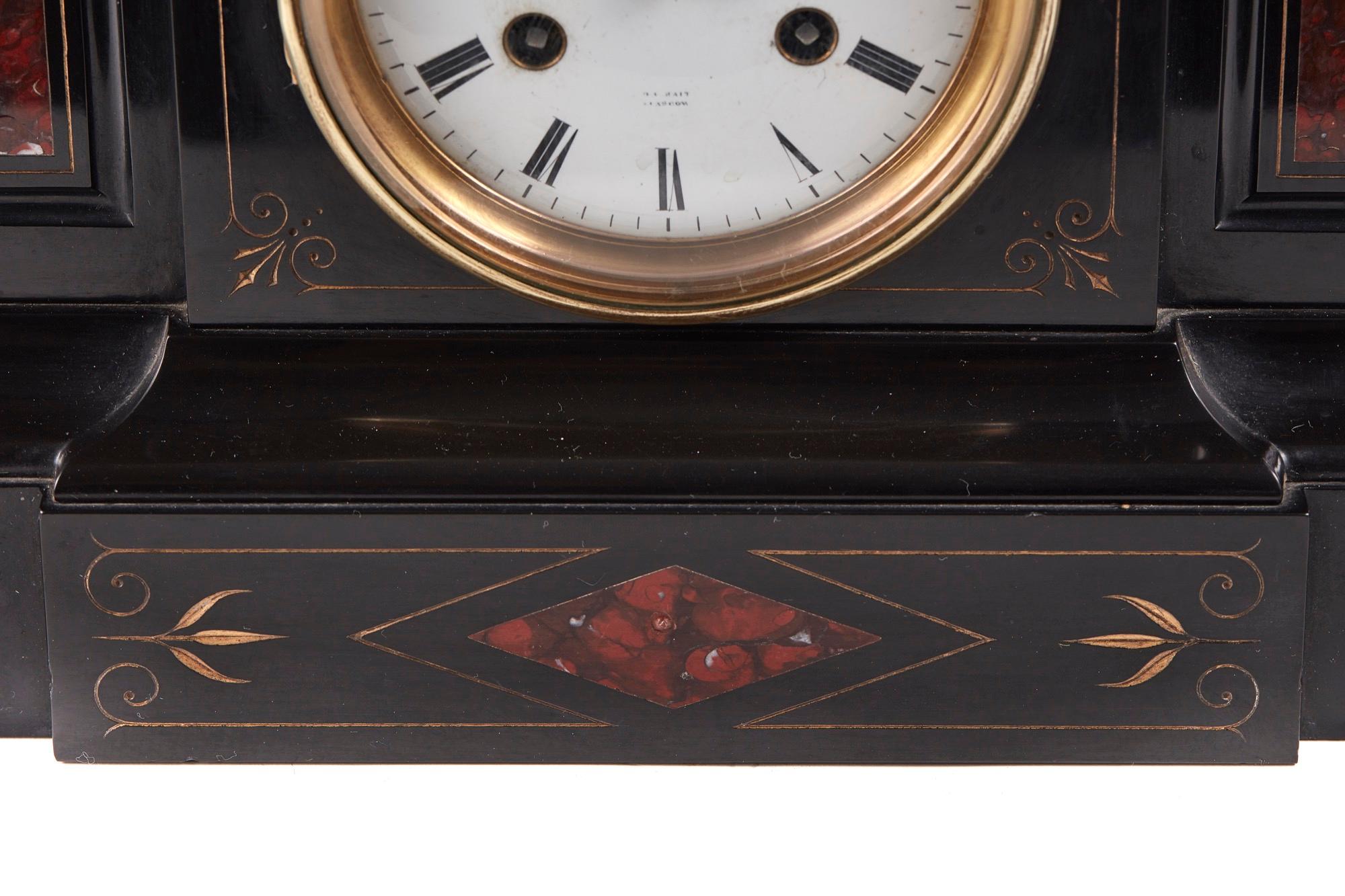 European Victorian Slate & Rouge Marble Architectural Mantle Clock
