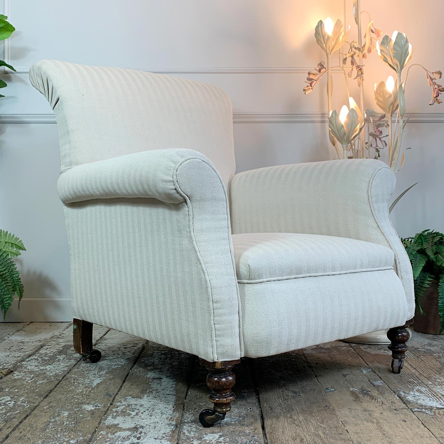English Victorian Cream Sleigh Back Country House Armchair For Sale
