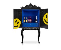 Victorian Smiley Drink Cabinet Bar in Solid Oak, Oak Veneers, Glass, Fabric