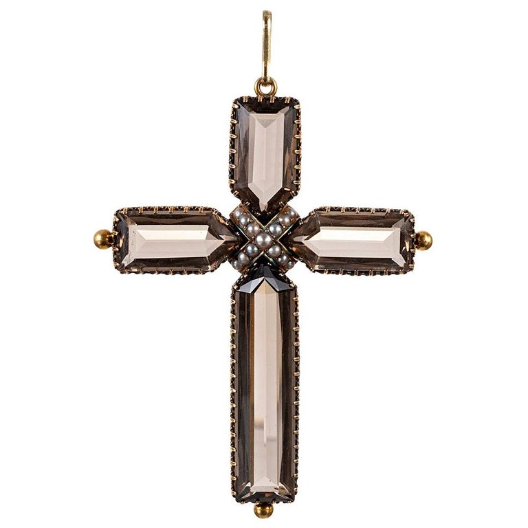 Victorian Smoky Quartz Cross Pendant For Sale