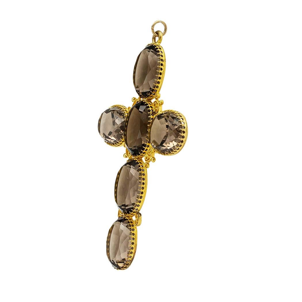 Victorian smoky quartz and yellow gold cross pendant circa 1880. *

ABOUT THIS ITEM:  #P-DJ716B. Scroll down for specifications.  At 3 ½ inches long, this is a larger scale cross.  Despite that, there are plenty of delicate and beautiful details