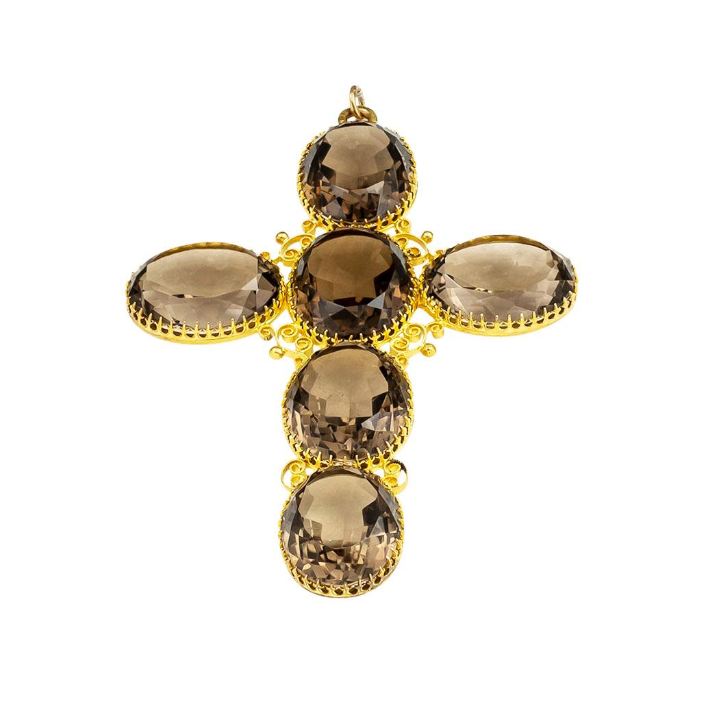 Oval Cut Victorian Smoky Quartz Gold Cross Pendant For Sale