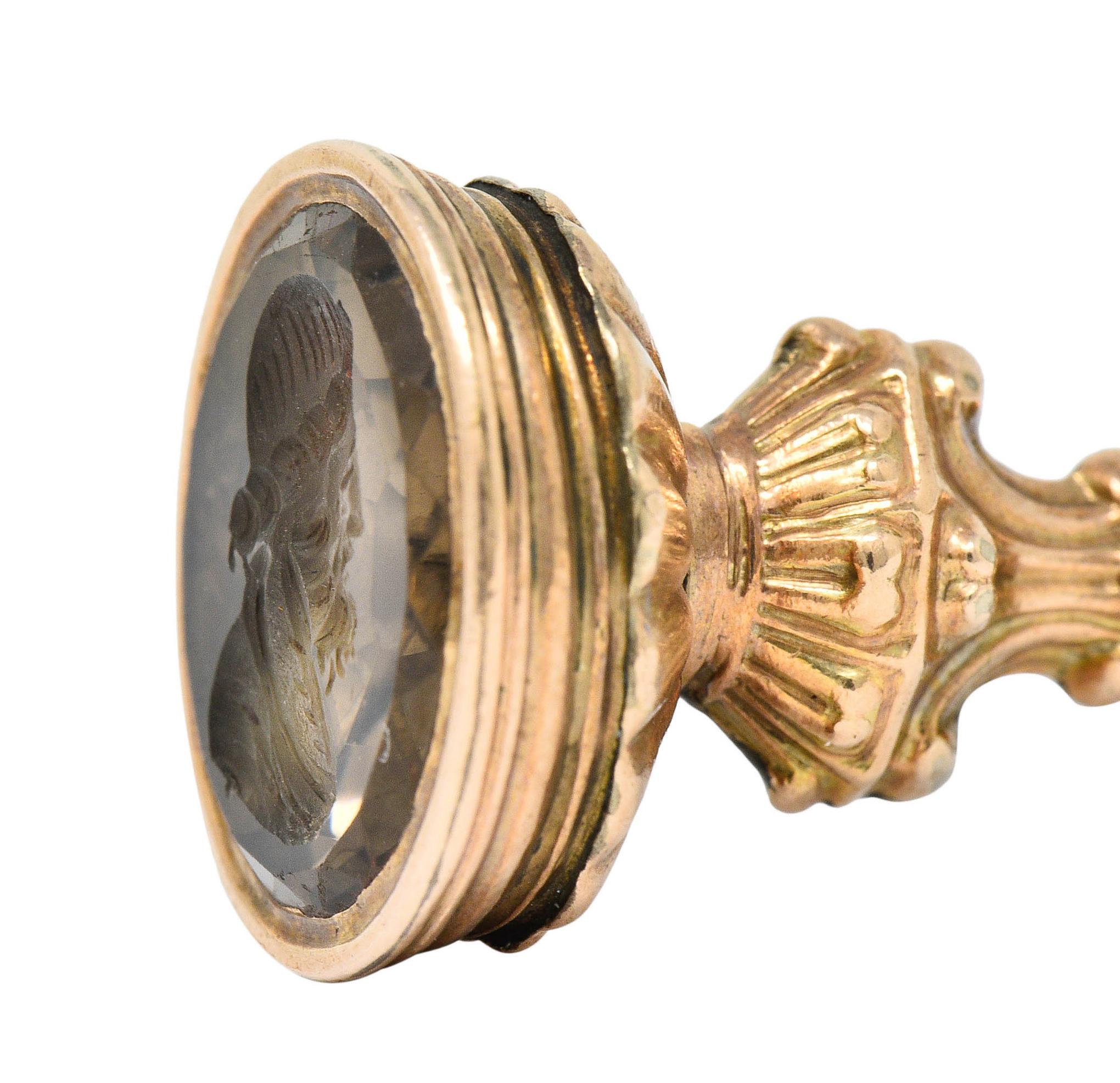 Victorian Smoky Quartz Intaglio 14 Karat Gold Neoclassical Fob Pendant In Excellent Condition For Sale In Philadelphia, PA