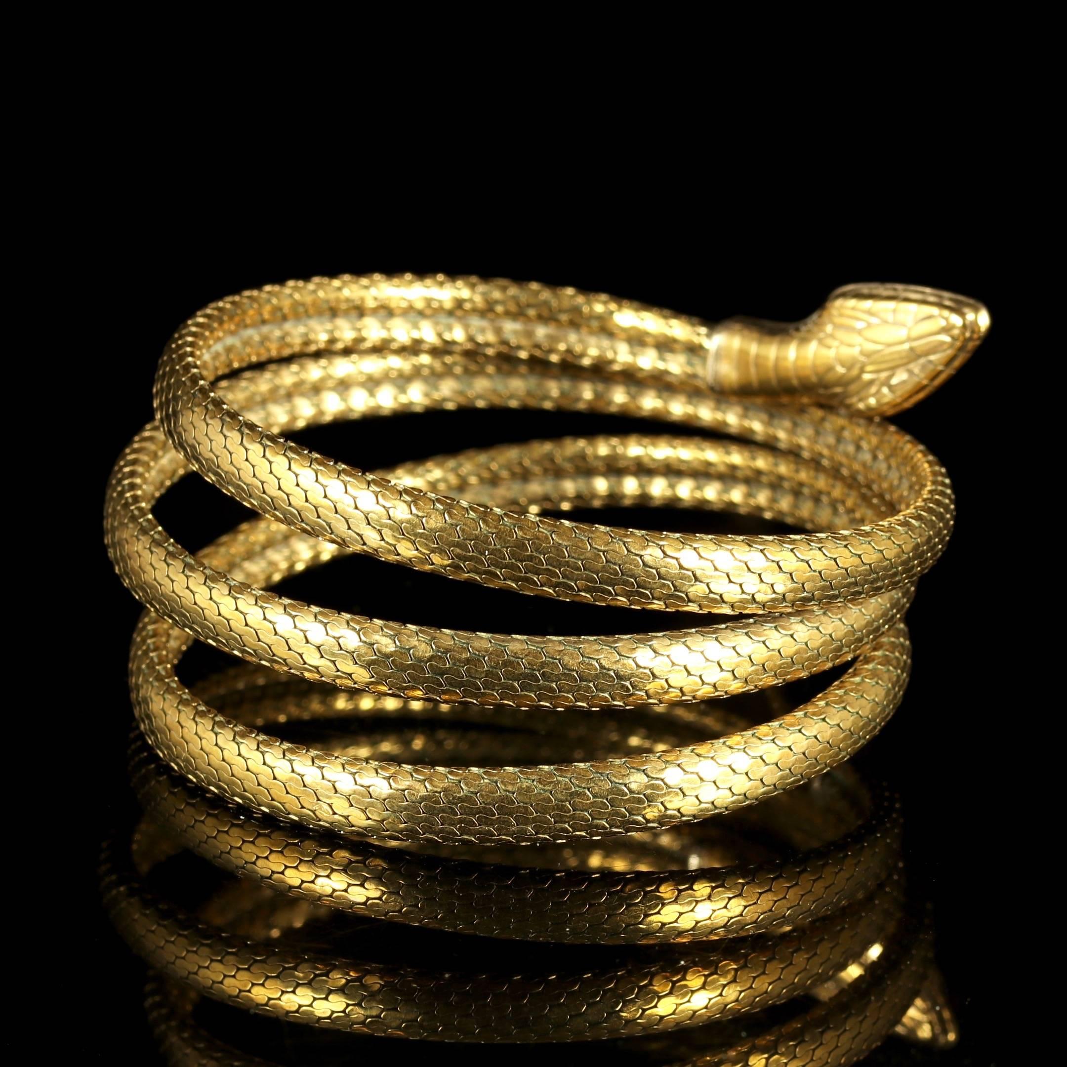 A fabulous Victorian snake bracelet that is set in 18ct Gold on Silver, Circa 1880.

Serpent jewellery became popular during the early years of Queen Victoria’s reign coinciding with the full flowering of the Romantic Movement. Serpents represent