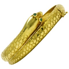 Antique Victorian Snake Bracelet Coiled Cuff Bangle Serpent Emerald Eye 18 Karat Gold