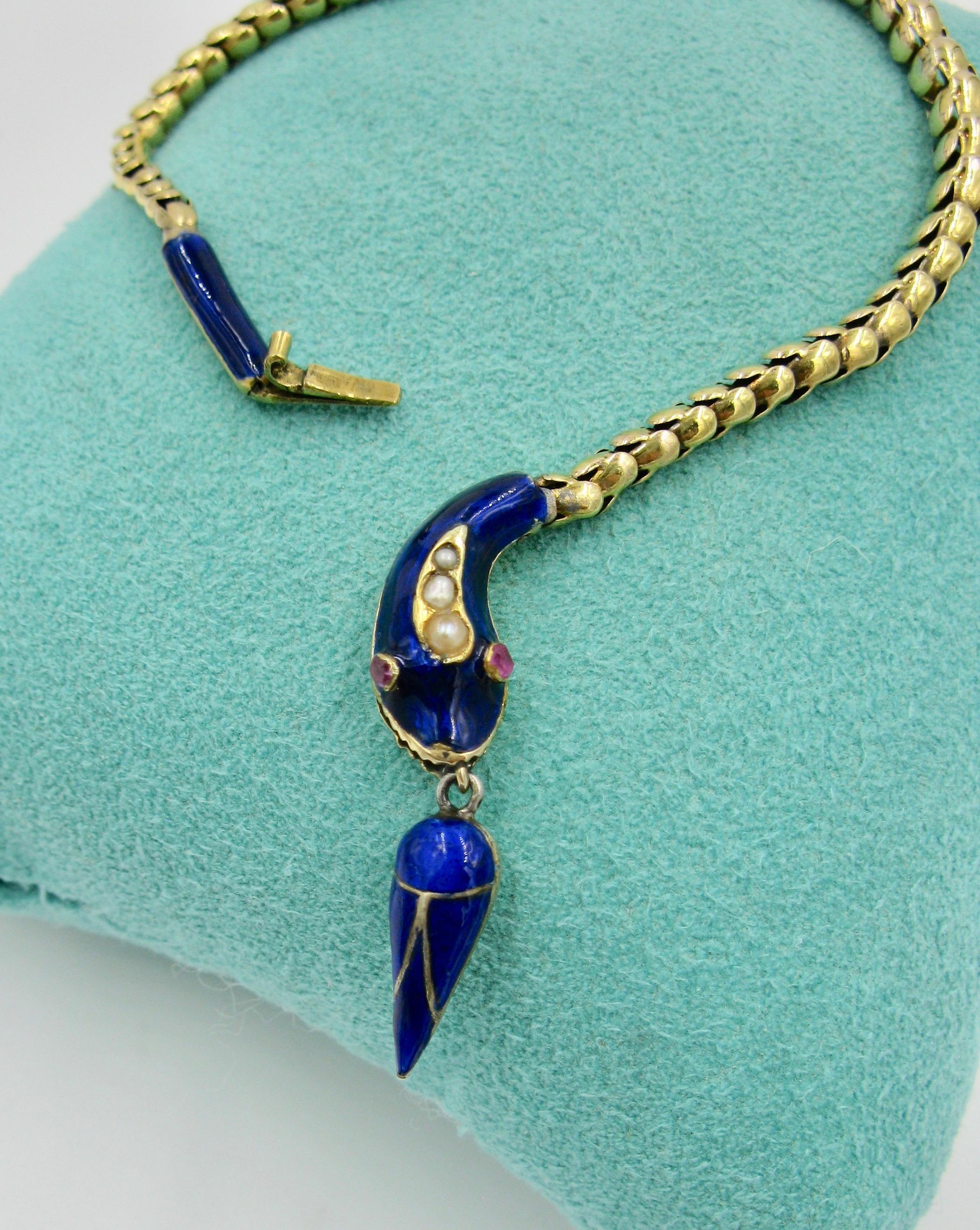 Round Cut Victorian Snake Bracelet Ruby Pearl 14 Karat Gold Blue Enamel Antique 1840 For Sale