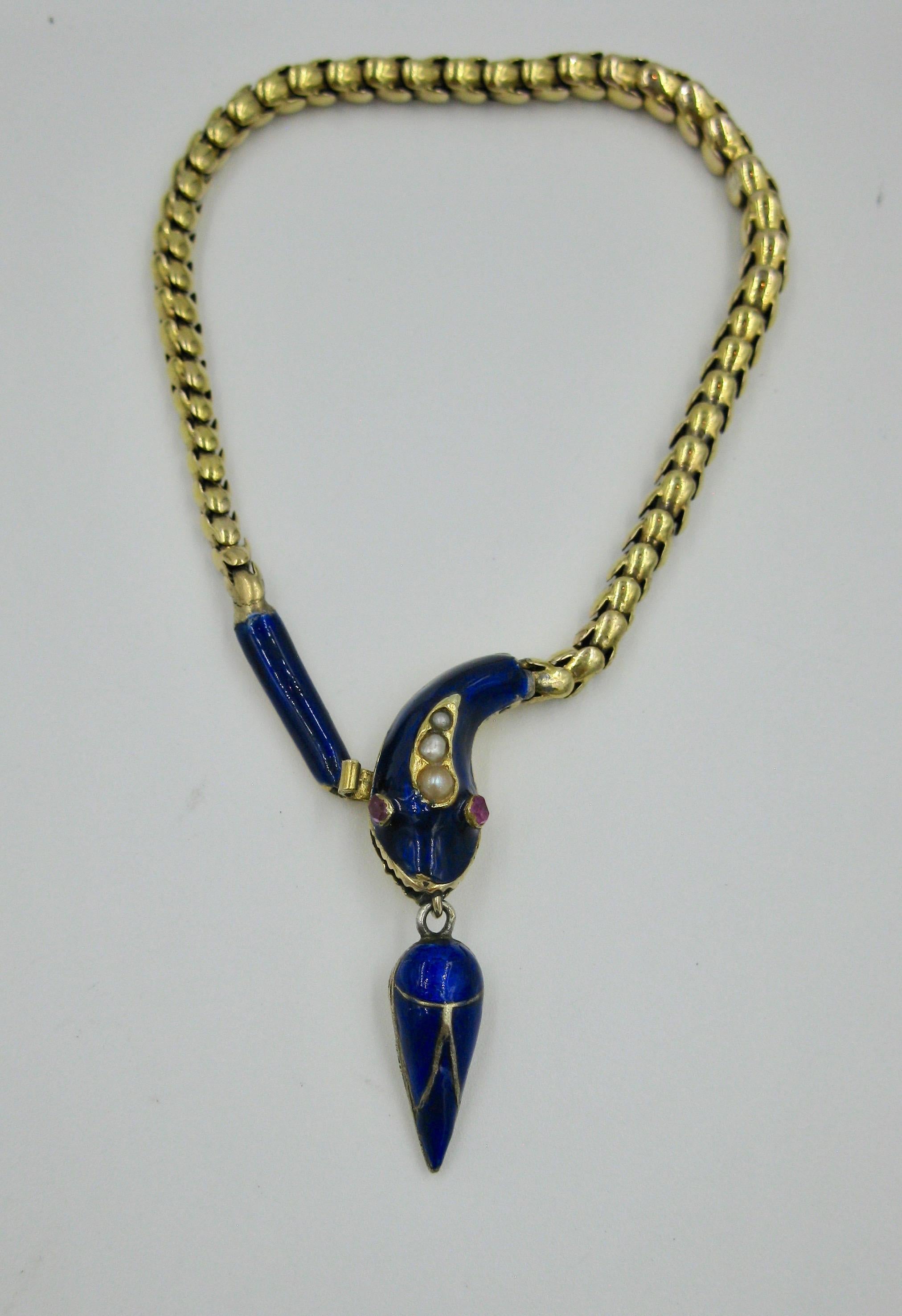 Viktorianisches Schlangenarmband Rubin Perle 14 Karat Gold Blau Emaille Antik 1840 im Zustand „Gut“ im Angebot in New York, NY