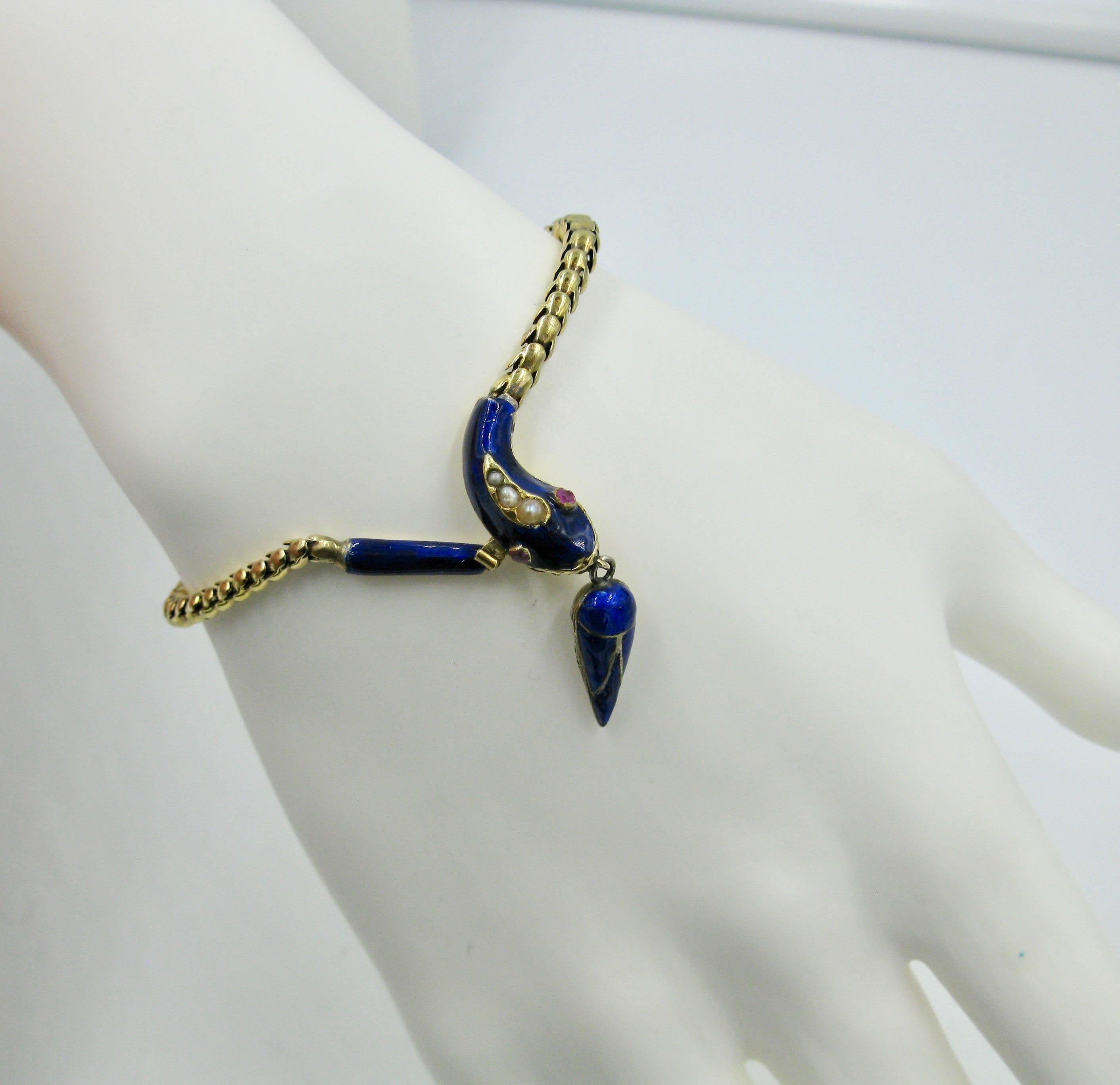 Women's Victorian Snake Bracelet Ruby Pearl 14 Karat Gold Blue Enamel Antique 1840 For Sale