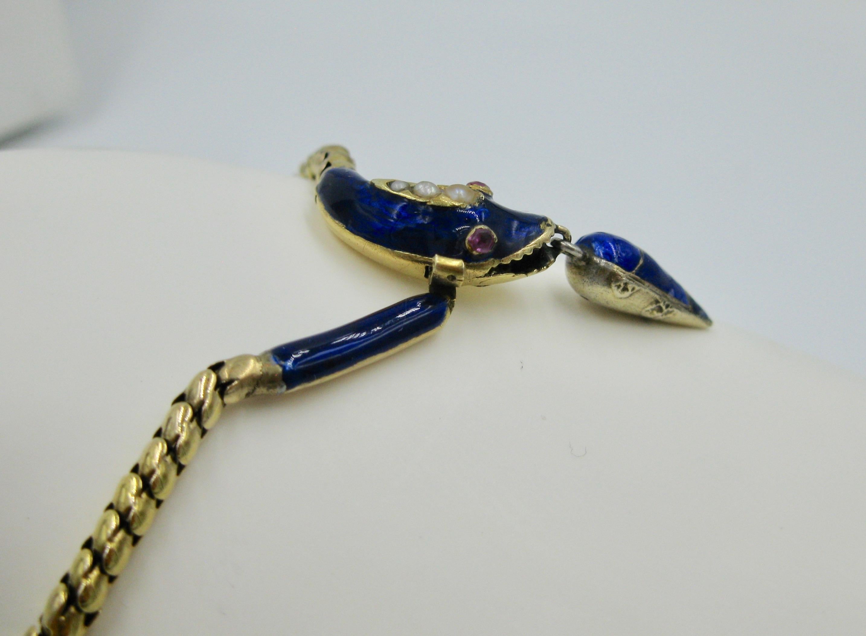 Victorian Snake Bracelet Ruby Pearl 14 Karat Gold Blue Enamel Antique 1840 For Sale 1