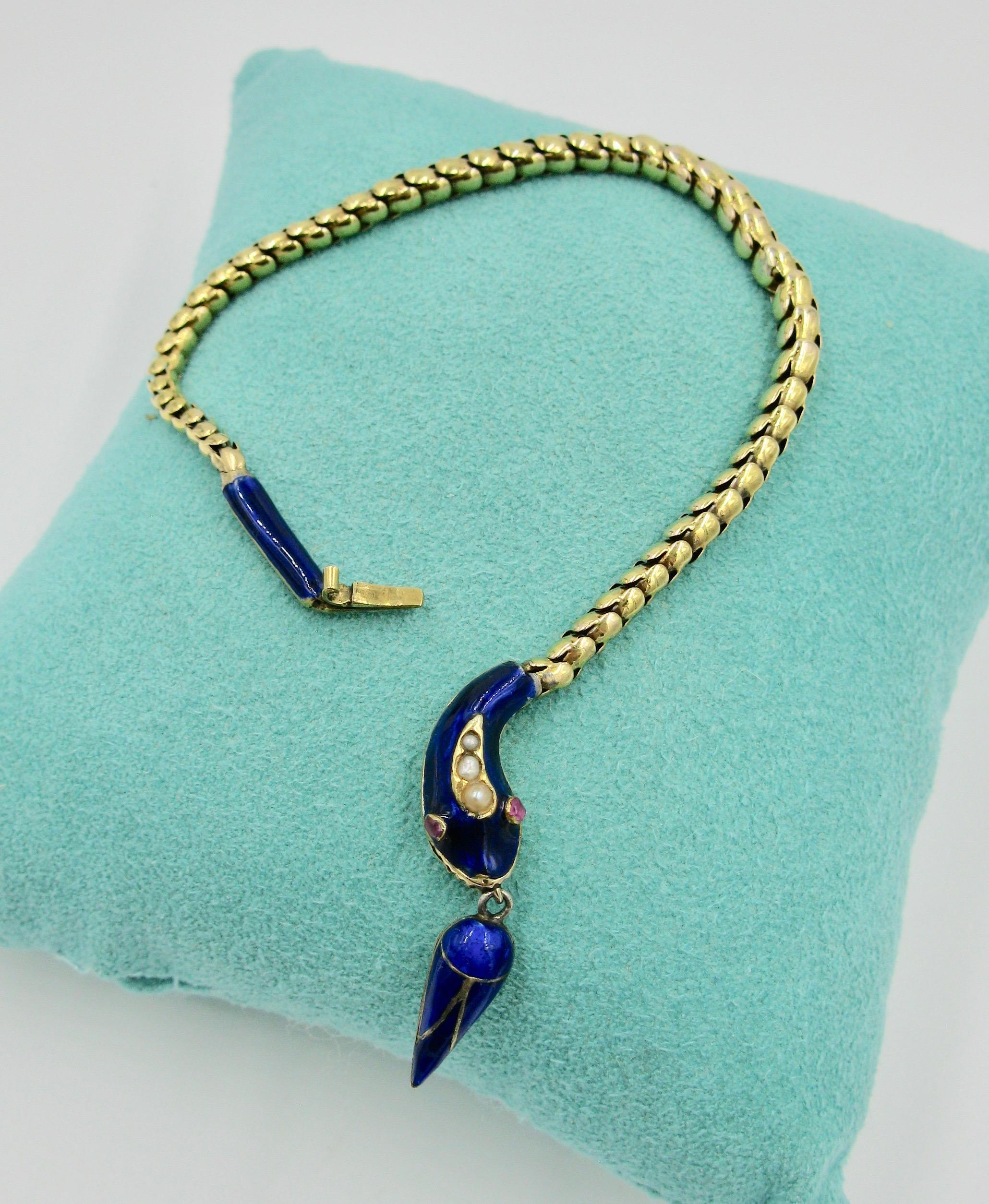 Victorian Snake Bracelet Ruby Pearl 14 Karat Gold Blue Enamel Antique 1840 For Sale 3