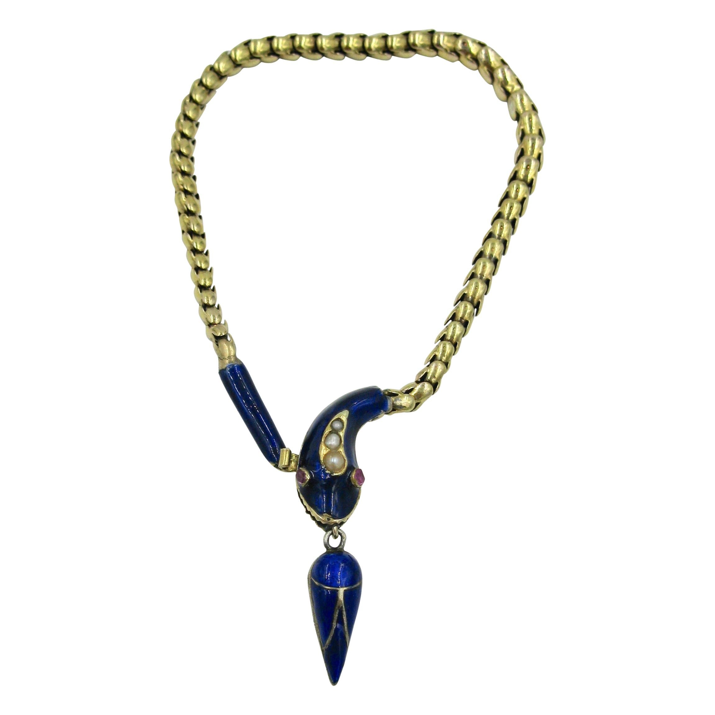 Victorian Snake Bracelet Ruby Pearl 14 Karat Gold Blue Enamel Antique 1840