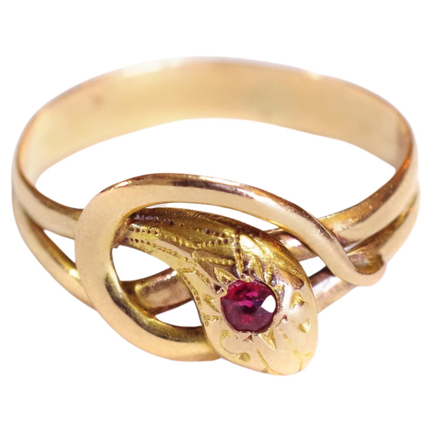 Victorian Snake Garnet Ring, Antique French Engagement Gold Ring