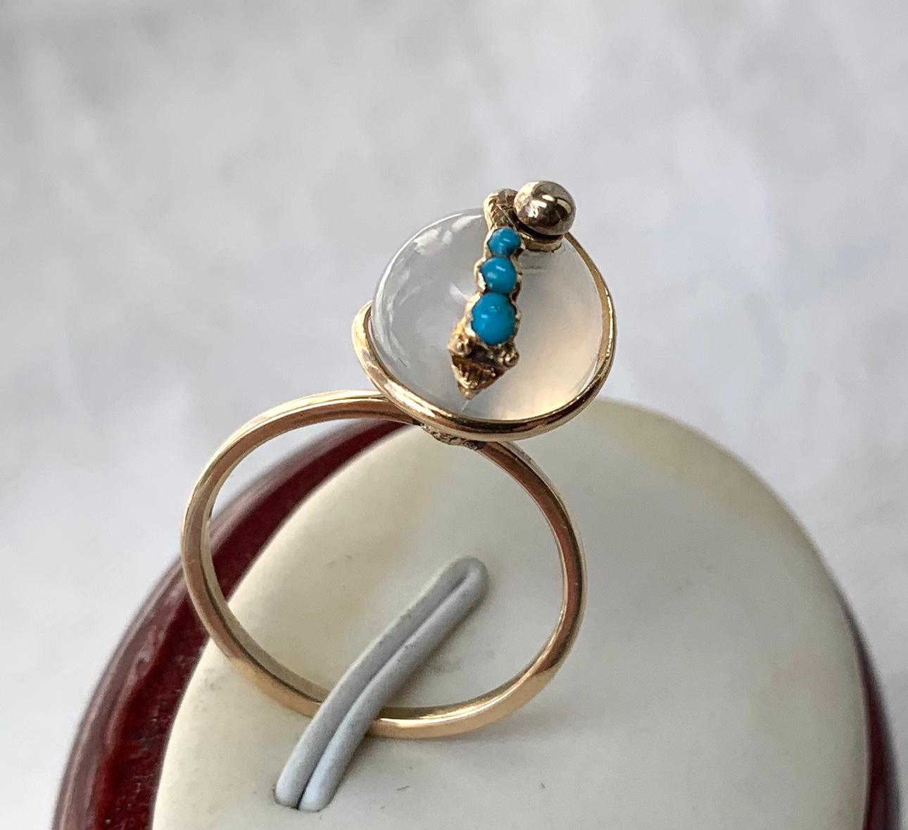 Victorian Snake Globe Ring Turquoise Moonstone Gold Antique For Sale 3