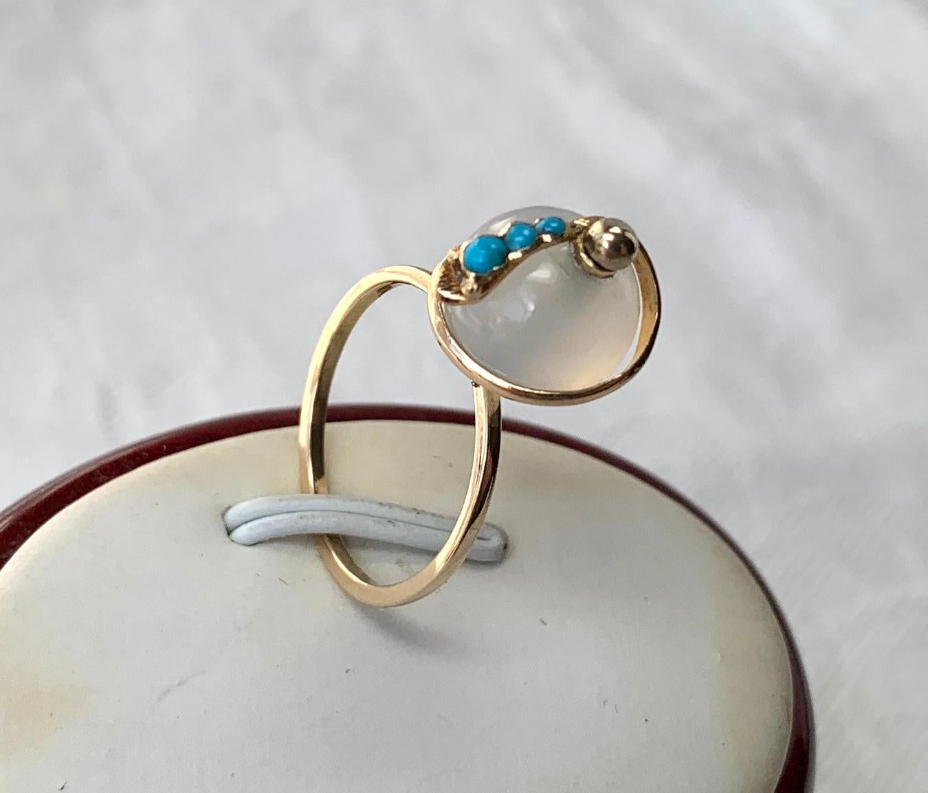 Victorian Snake Globe Ring Turquoise Moonstone Gold Antique For Sale 4