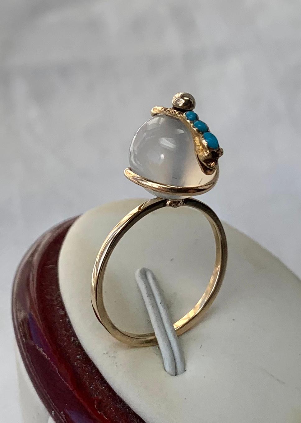 Victorian Snake Globe Ring Turquoise Moonstone Gold Antique For Sale 8