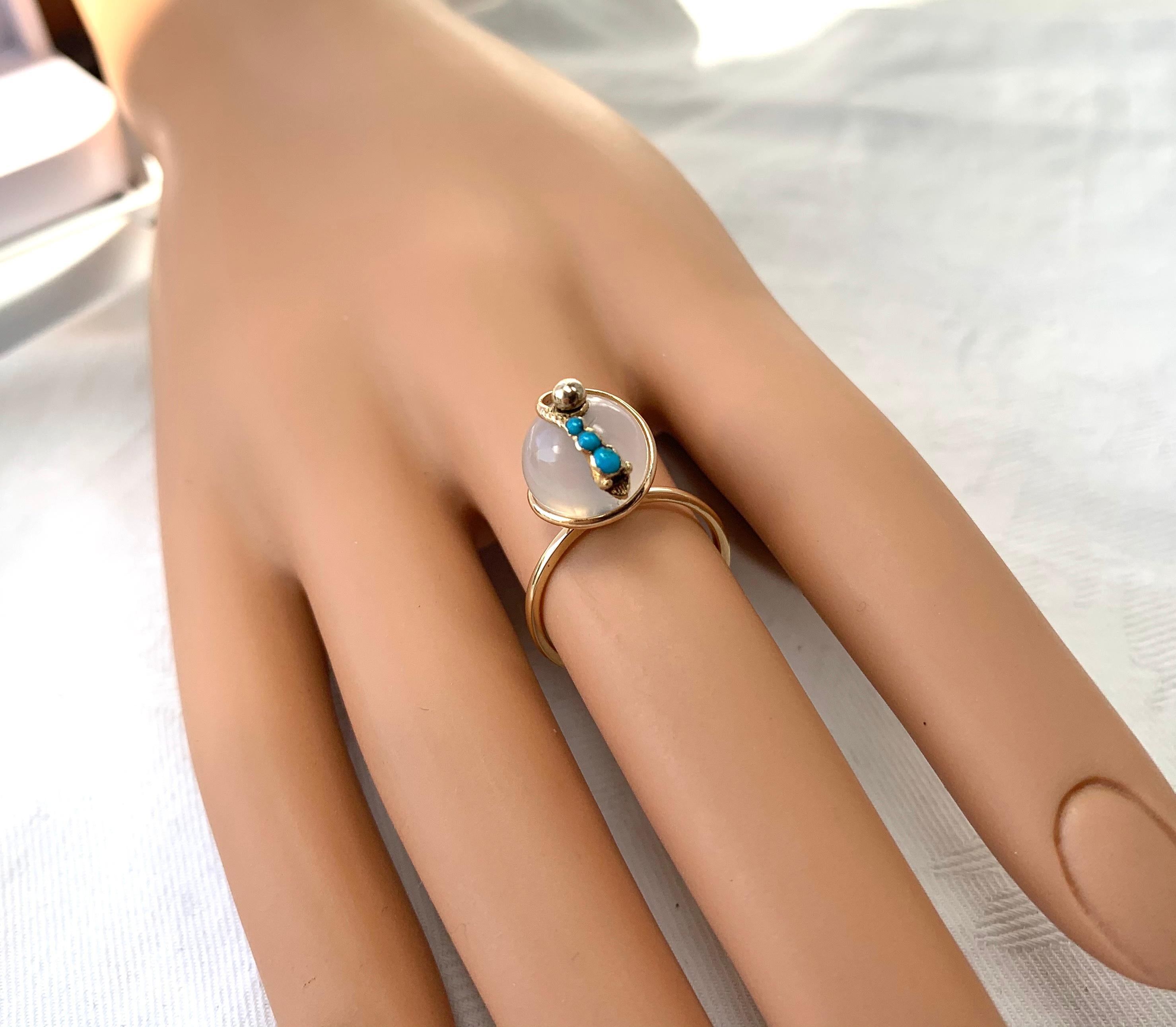 Round Cut Victorian Snake Globe Ring Turquoise Moonstone Gold Antique For Sale
