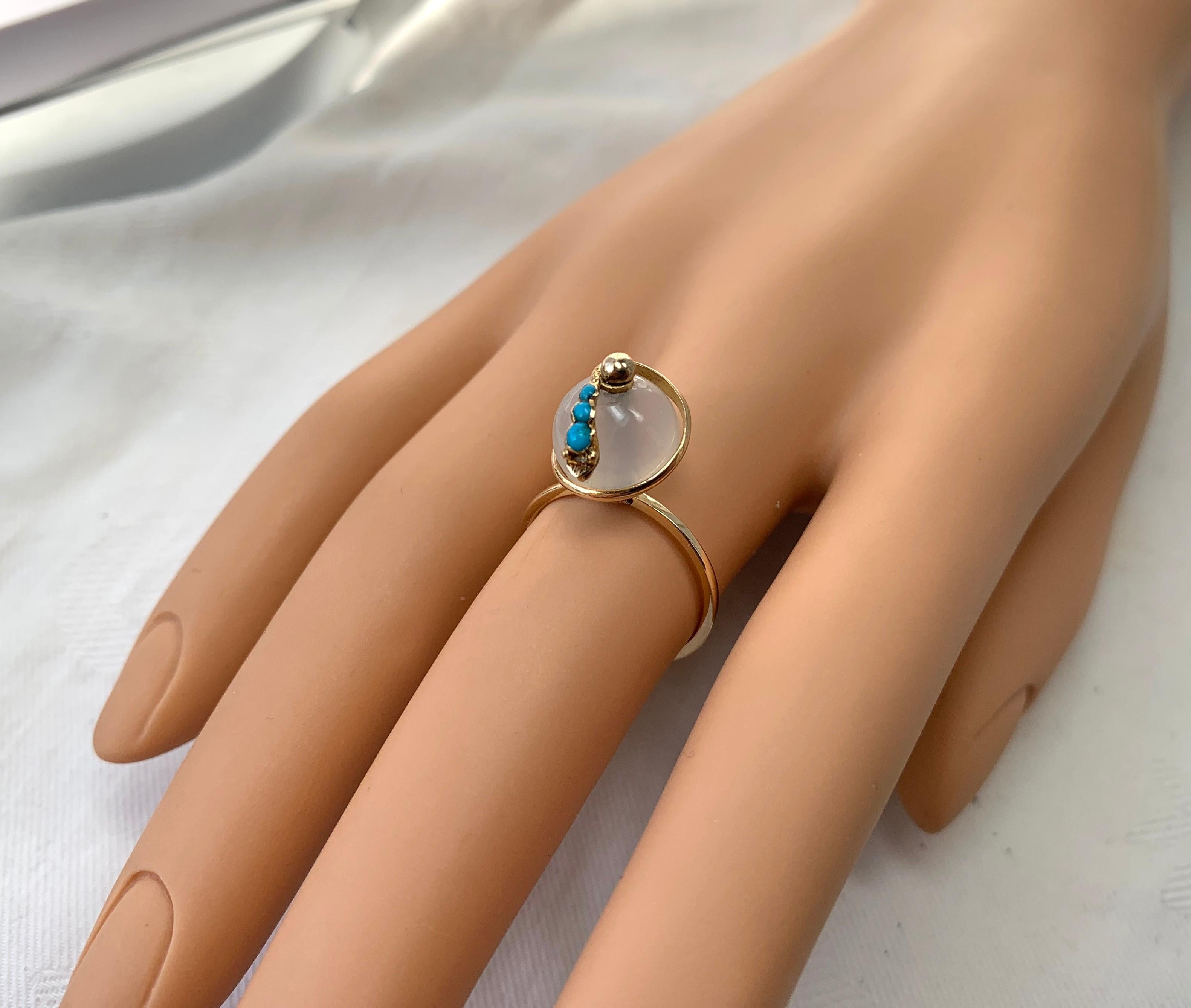 Victorian Snake Globe Ring Turquoise Moonstone Gold Antique Serpent In Excellent Condition For Sale In New York, NY