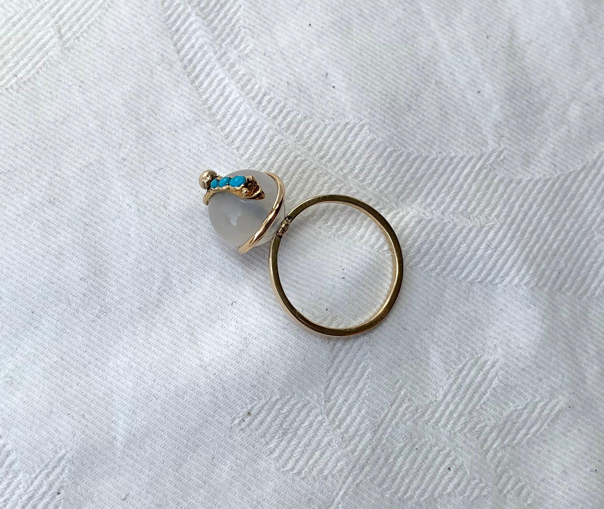 Victorian Snake Globe Ring Turquoise Moonstone Gold Antique For Sale 1