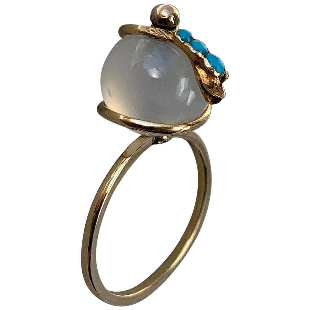 Victorian Snake Globe Ring Turquoise Moonstone Gold Antique For Sale