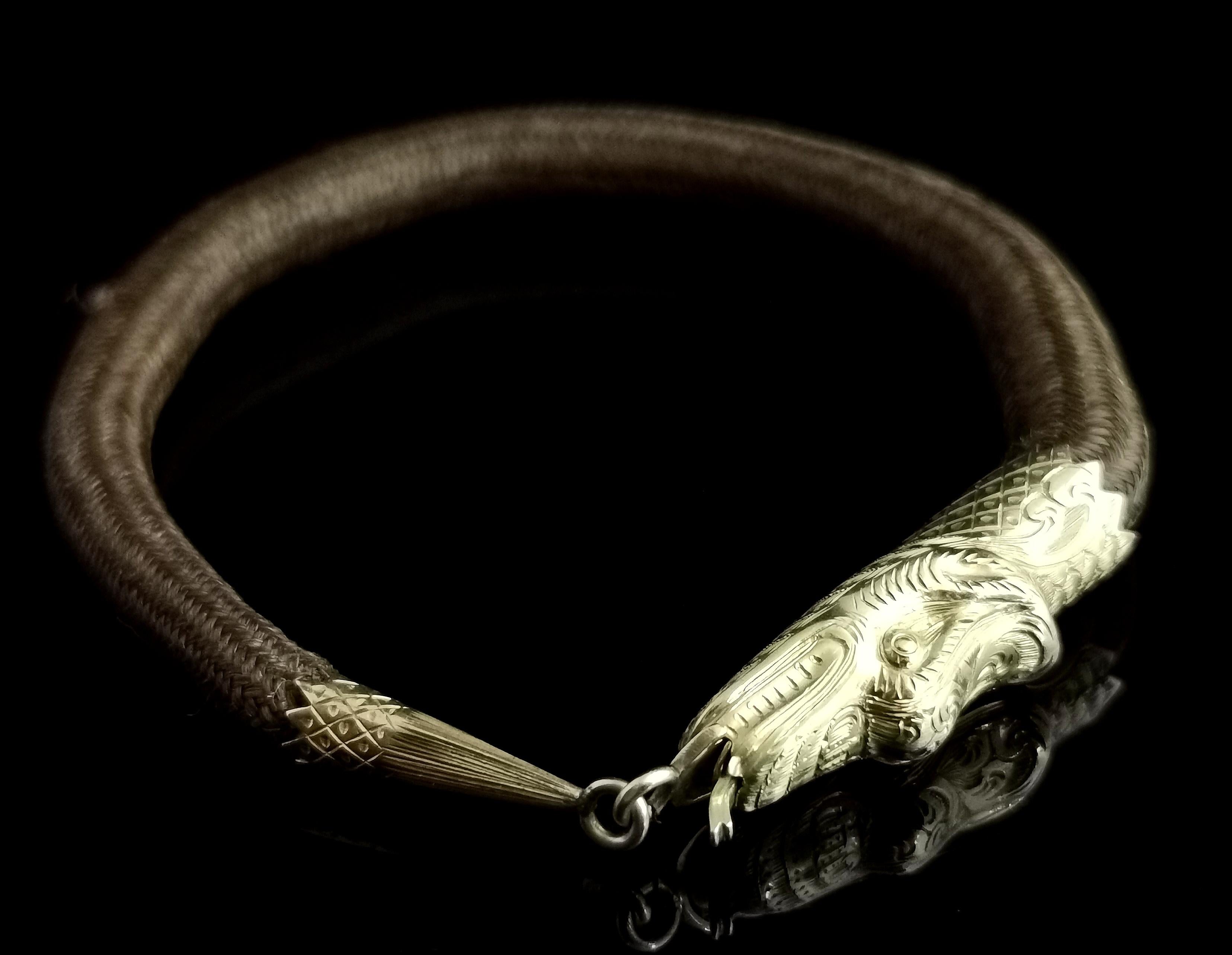 Victorian Snake Mourning Bangle, 9 Karat Yellow Gold, Hairwork, Ouroboros 4