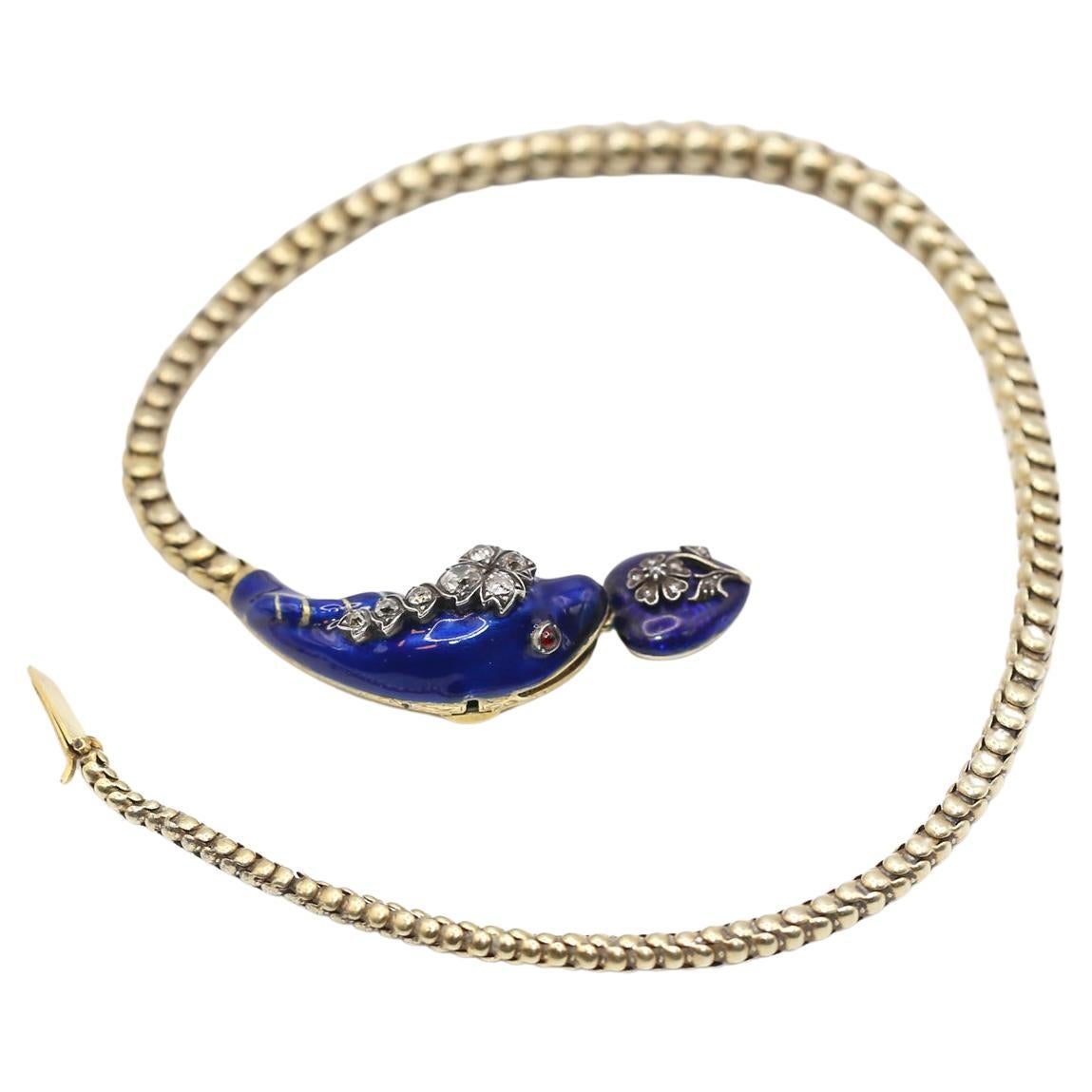 Early Victorian Victorian Snake Necklace Bracelet Enamel Diamonds Heart, 1840
