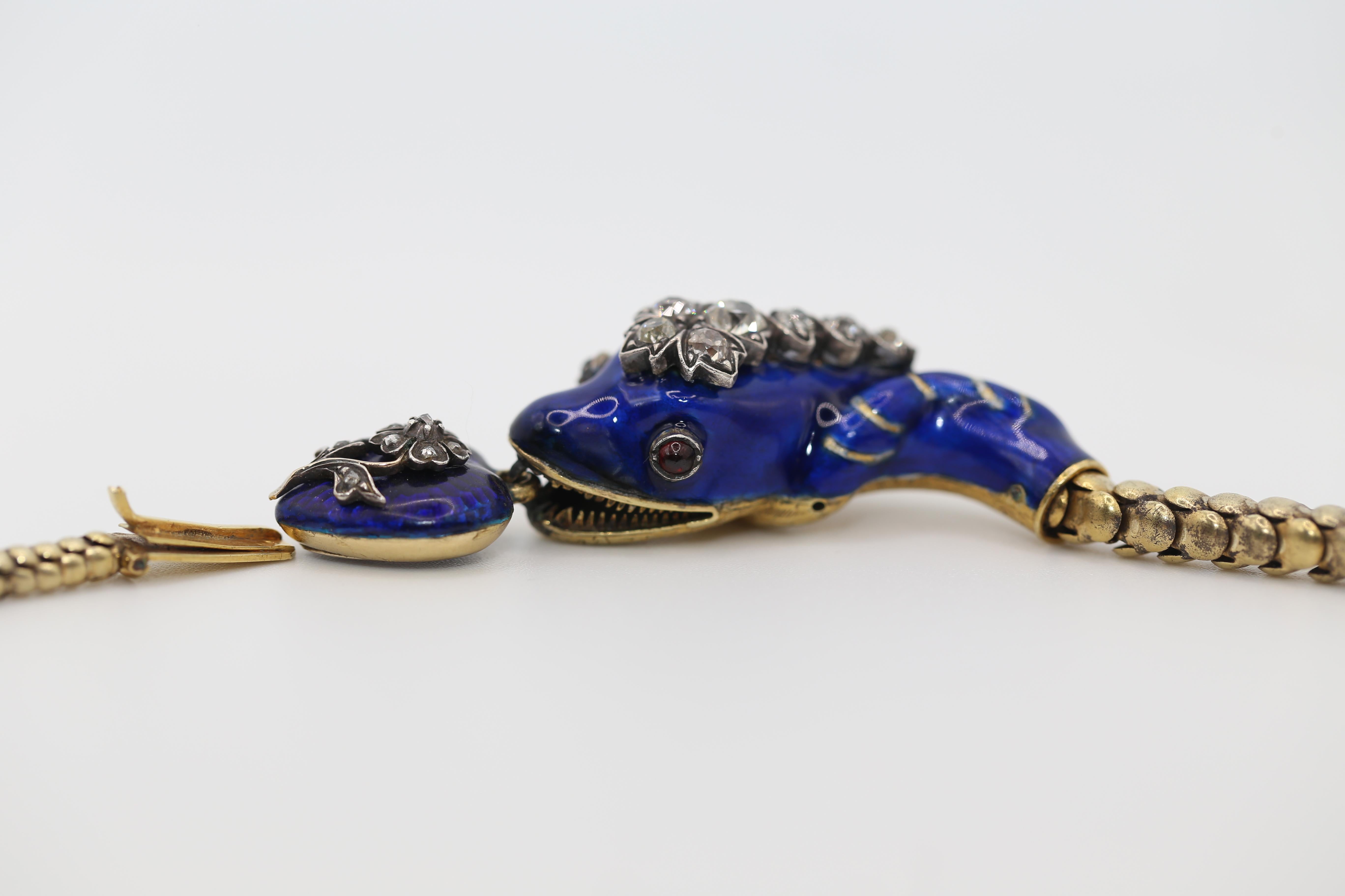 Victorian Snake Necklace Bracelet Enamel Diamonds Heart, 1840 In Good Condition In Herzelia, Tel Aviv
