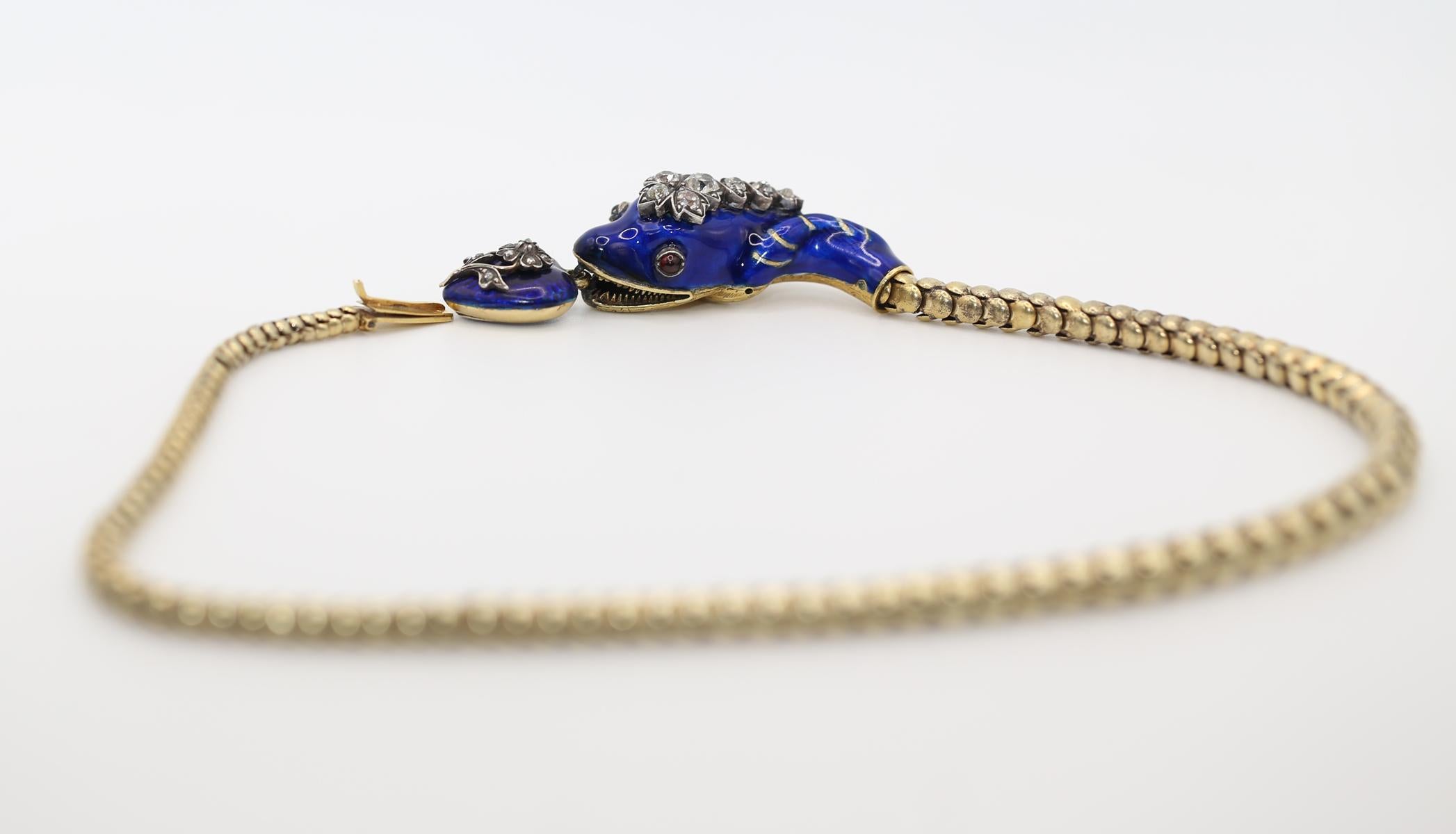 Victorian Snake Necklace Bracelet Enamel Diamonds Heart, 1840 1