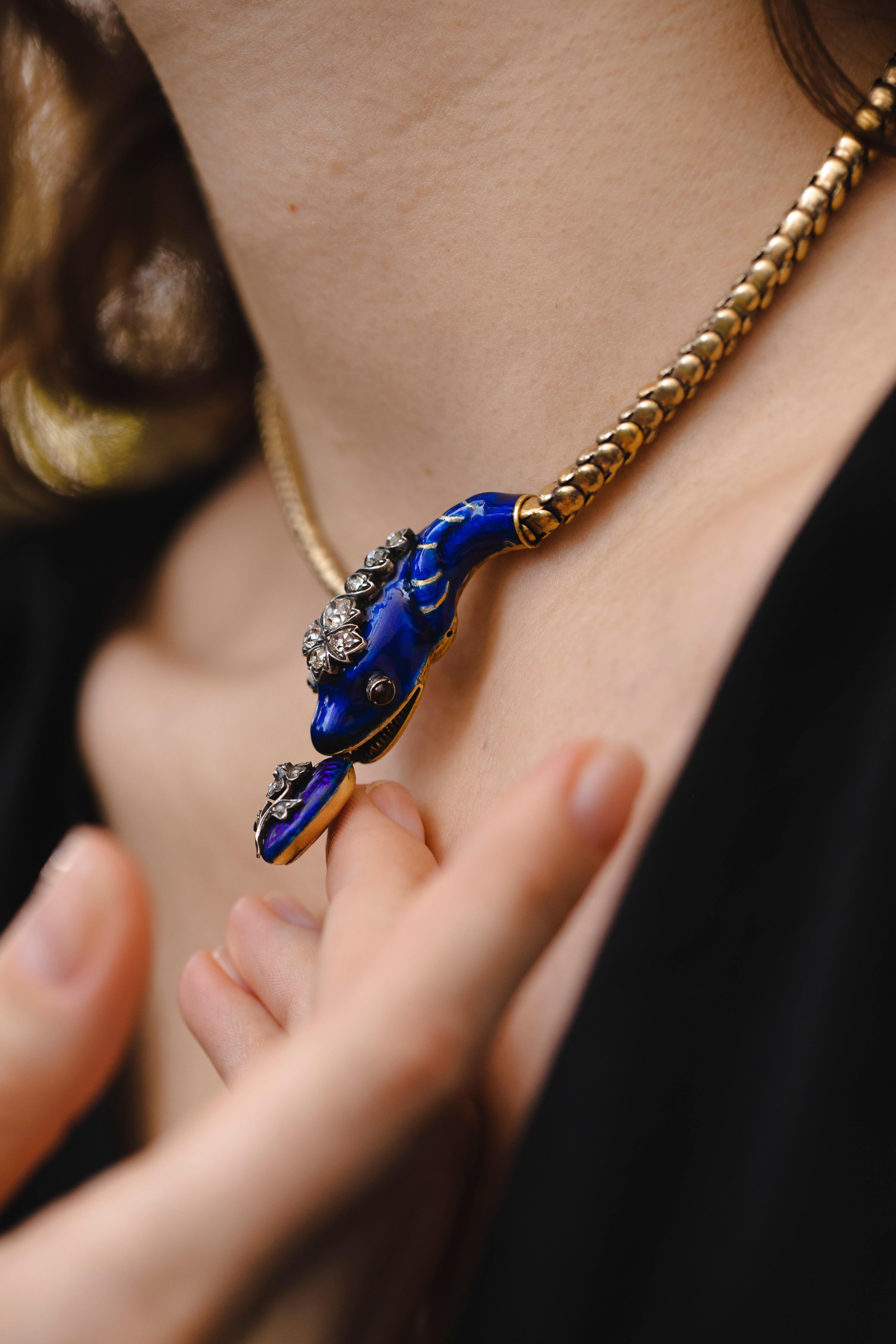 Women's or Men's Victorian Snake Necklace Bracelet Enamel Diamonds Heart, 1840